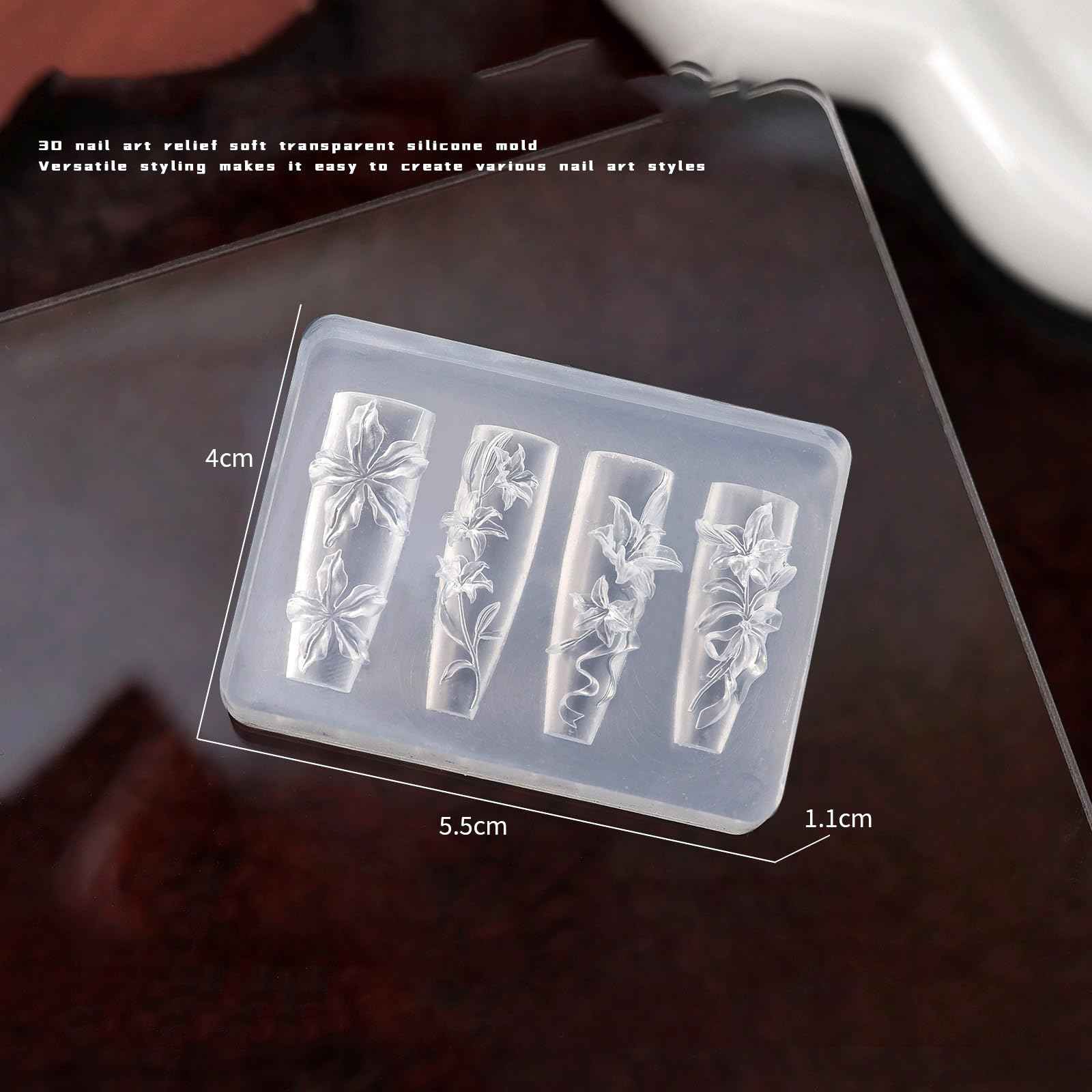 LIFOOST 3D Flowers Nail Mold Silicone Lily Flower Charms Embellishment Moulds Nail Art Floral Carving Template for Manicure Design Tool