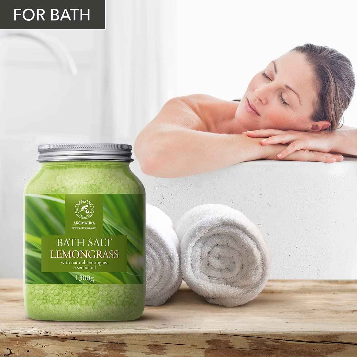 Bath Salts w/Natural Essential Lemongrass Oil 46 Oz (1300g) - Sea Salt Bath for Good Sleep - Bathing - Body Care - Wellness - Beauty - Relaxation - Aromatherapy - Spa - Bath Supplement