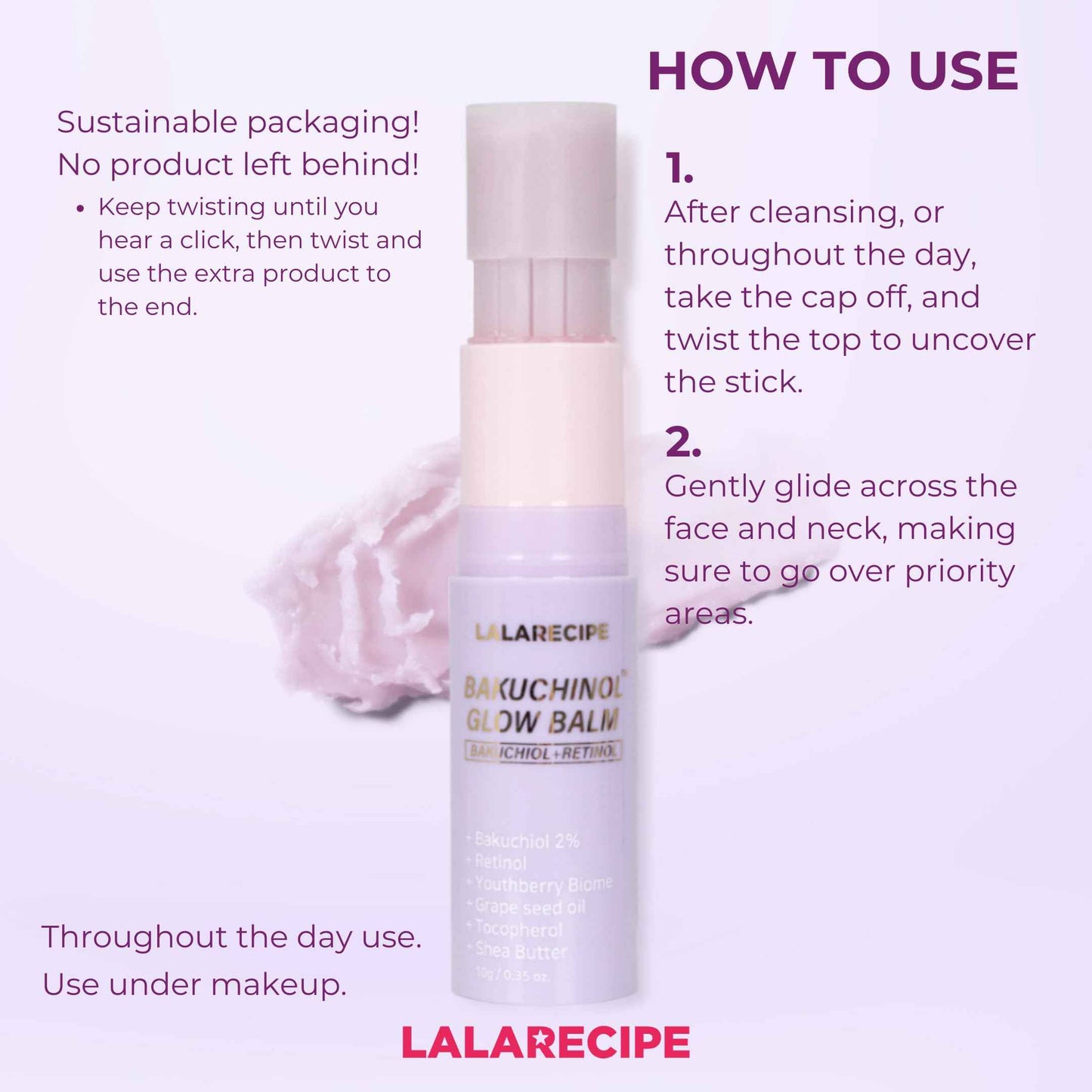 LALARECIPE Bakuchiol Glow Balm – Wrinkle Care Moisturizer Stick with Bakuchiol, Retinol Liposome & Shea Butter – Refillable Vegan Anti-Aging Korean Skincare for Radiance & Hydration (10g)