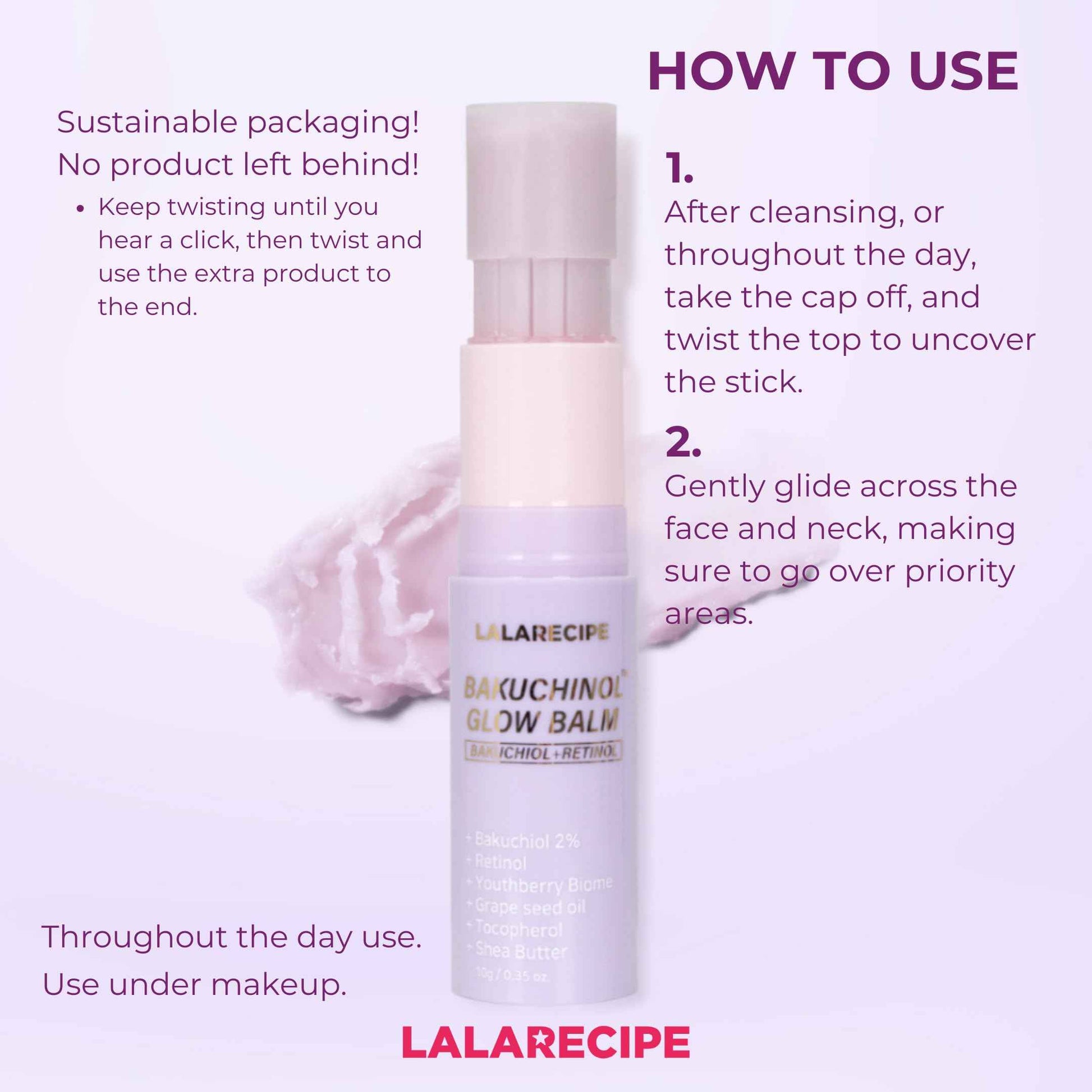 LALARECIPE Bakuchiol Glow Balm – Wrinkle Care Moisturizer Stick with Bakuchiol, Retinol Liposome & Shea Butter – Refillable Vegan Anti-Aging Korean Skincare for Radiance & Hydration (10g)