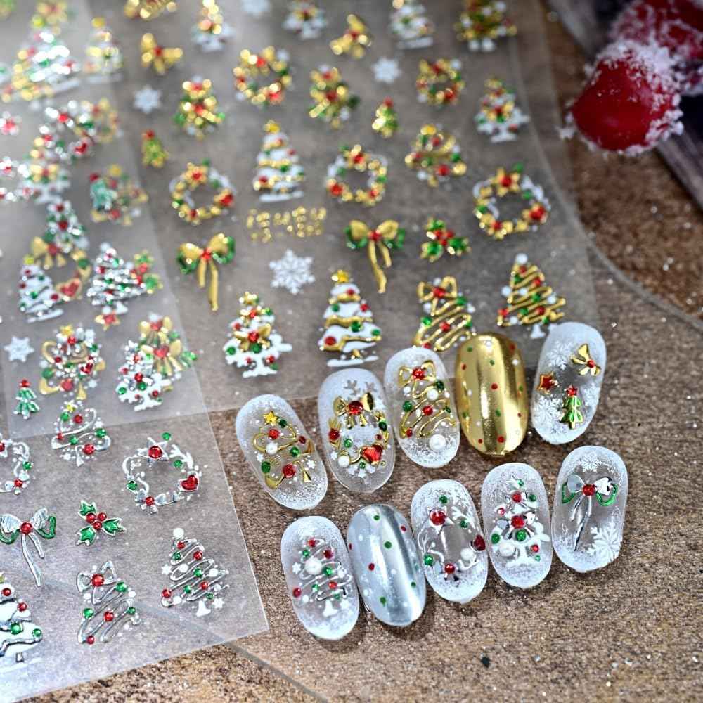 Christmas Nail Stickers 5D Embossed Metallic Silver Nail Decals 3D Self Adhesive Garland Christmas Tree Nail Art Suppies Winter Xmas Cute Bow Snowflake Nail Designs for Women DIY Acrylic Nails 1 Sheet