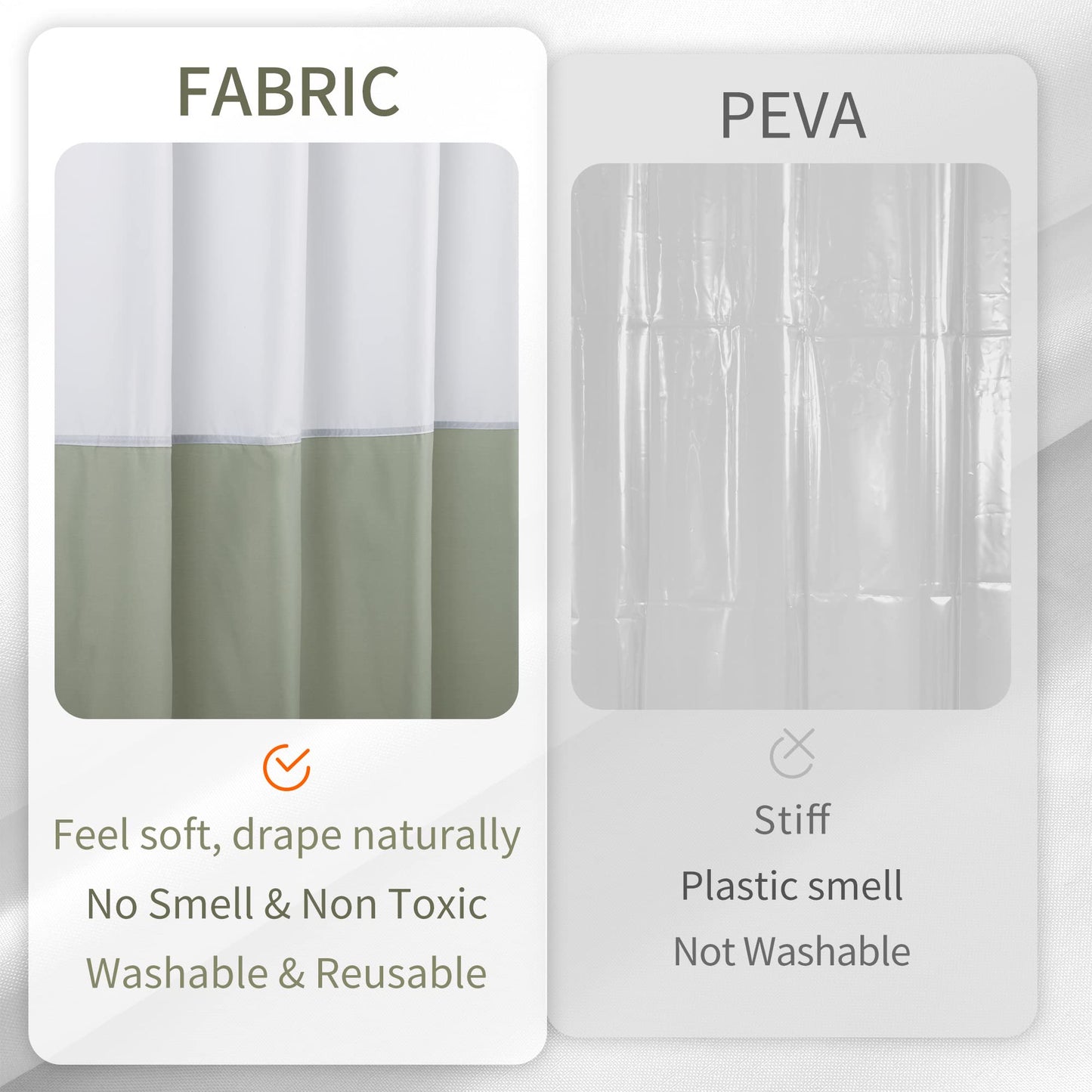 ALYVIA SPRING Waterproof Fabric Shower Curtain Liner - Soft & Light-Weight Cloth Shower Liner, 3 Bottom Magnets, Hotel Quality & Machine Washable - Standard Size 72x72, White and Sage