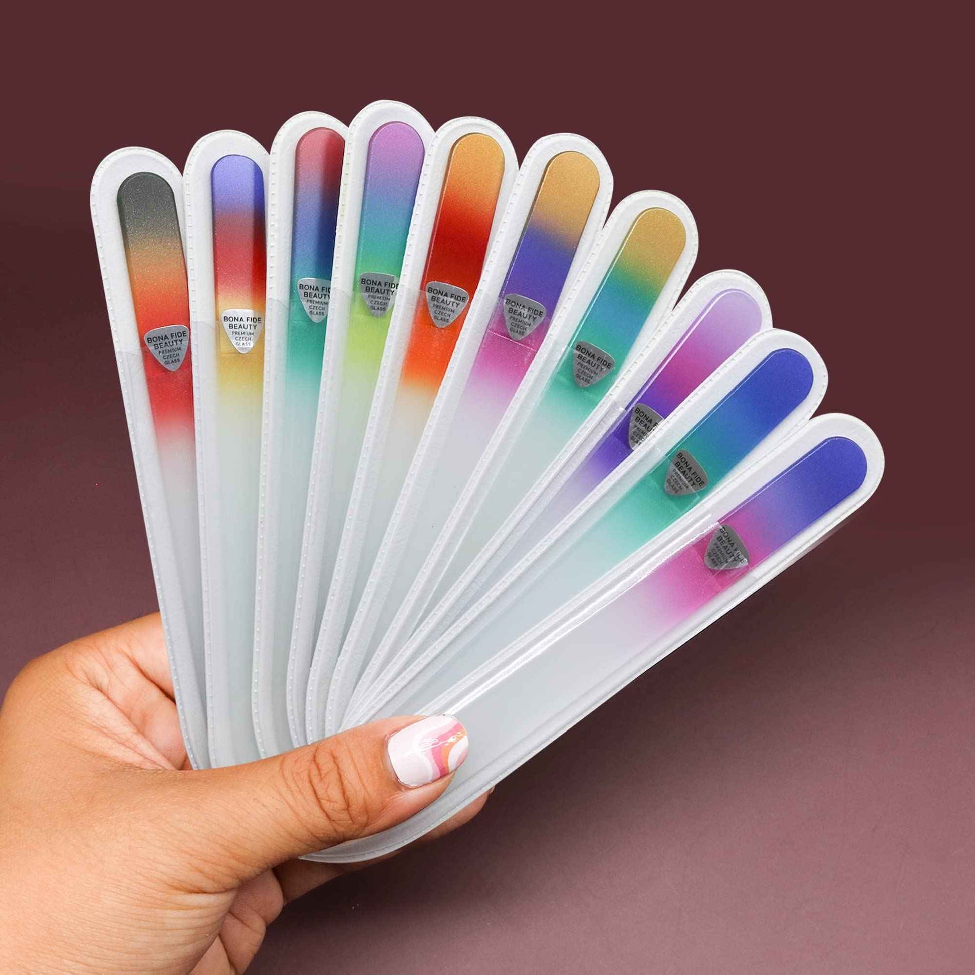 Bona Fide Beauty Czech Glass Nail Files Set - 10-Piece Crystal Nail Files Set in Sleeves, Bulk Nail Files from The EU (Multicolor)
