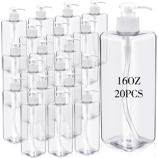 20 Pack 16oz/ 500ml Plastic Empty Bottles Refillable Shampoo Containers with Pump Lightweight Square Soap Dispenser Bottles for Essential Lotions, Shampoos, Conditioner, Massage Oil (Clear, White)