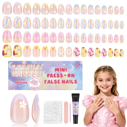 Qiek 16 Sizes 128 Pieces Press on Nails for Kids, 4 pack Kids Nail Kit Colorful Flower Almond Fake Nail Tips for Girls 8-12 Years Old with Jelly Nail Adhesives & Nail Glue Birthday Christmas Gifts