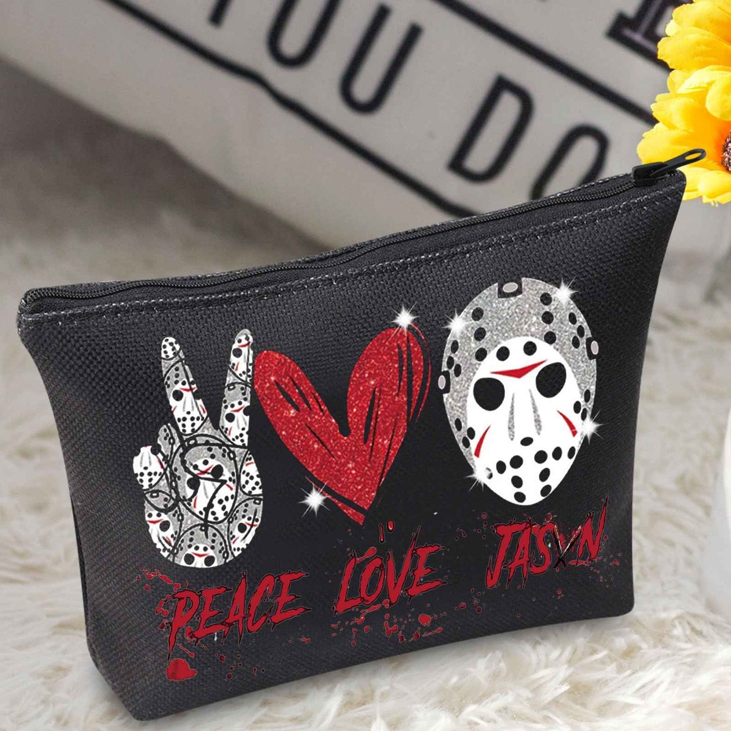 BWWKTOP Mask Slasher Cosmetic Makeup Bag Mask Fans Gifts Peace Love Zipper Pouch Bag Machete Killer Merchandise (PEACE JASON)