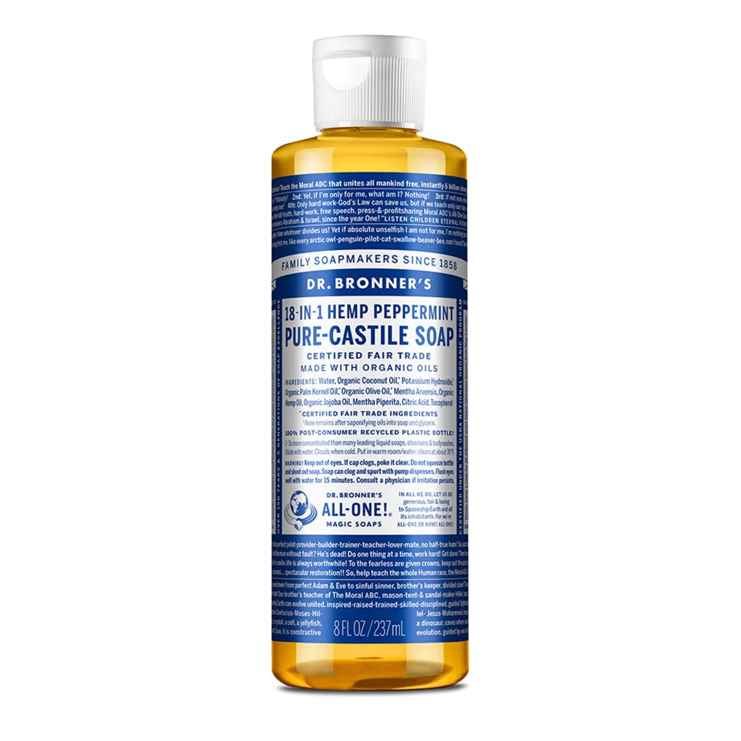 Dr. Bronner's - Pure-Castile Liquid Soap (Peppermint, 8 Ounce) - Made with Organic Oils, 18-in-1 Uses: Face, Body, Hair, Laundry, Pets and Dishes, Concentrated, Vegan, Non-GMO