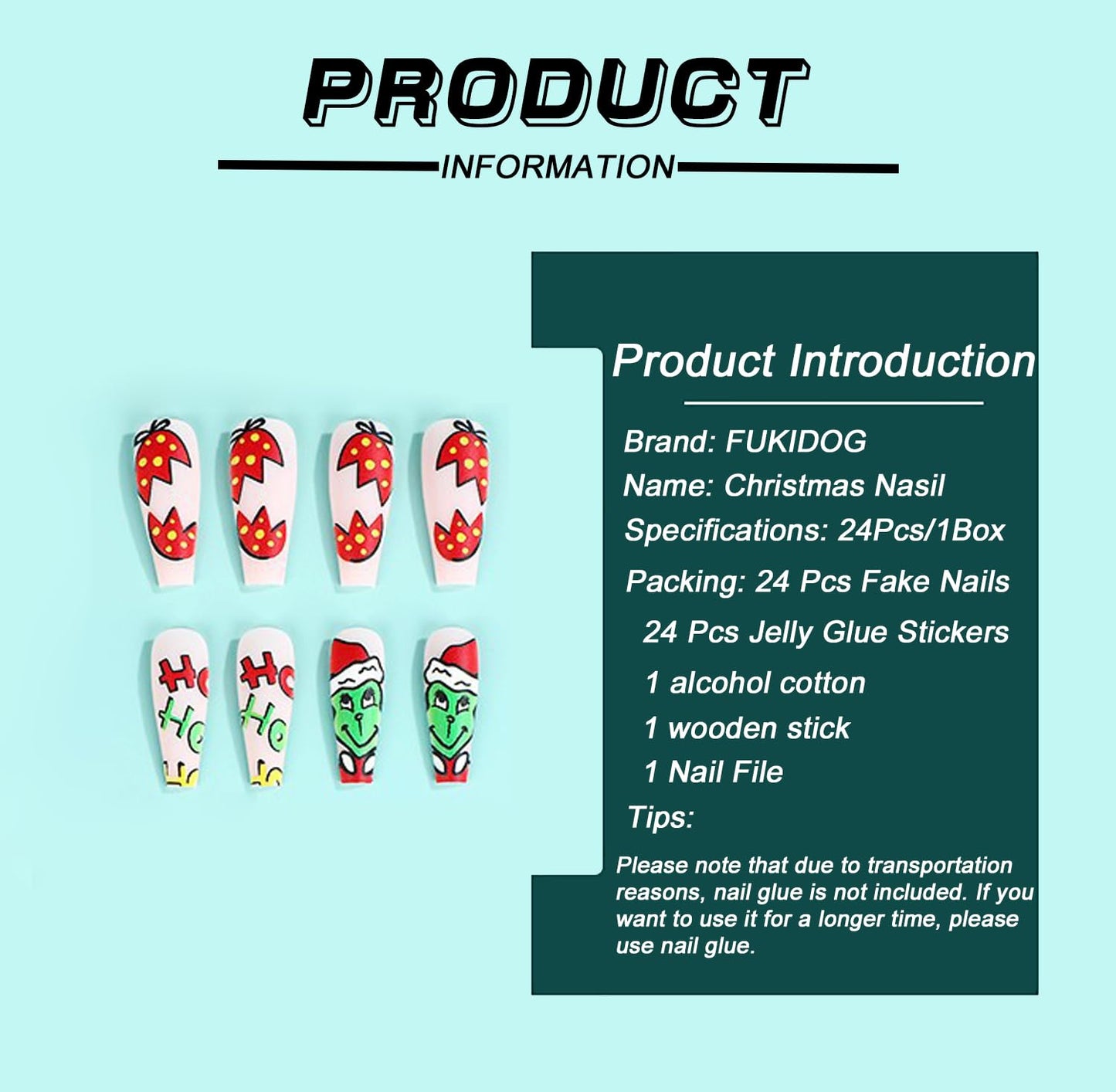 Christmas Press on Nails Long Coffin Fake Nails Cute Cartoon Grinchs Stick on Nails False Nails with Designs Acrylic Nails Winter Xmas Glue on Nails Full Cover Holiday Artificial Nails for Women