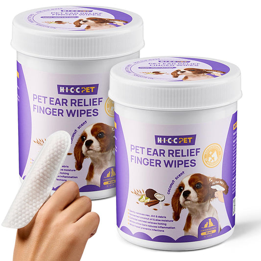 HICC PET Ear Finger Wipes for Dogs & Cats - Gently Remove Ear Wax, Debris - Sooths & Deodorizes - Relieve Ear Itching & Inflammation, Fresh Coconut Scent, All Natural Ingredients - 100 Count