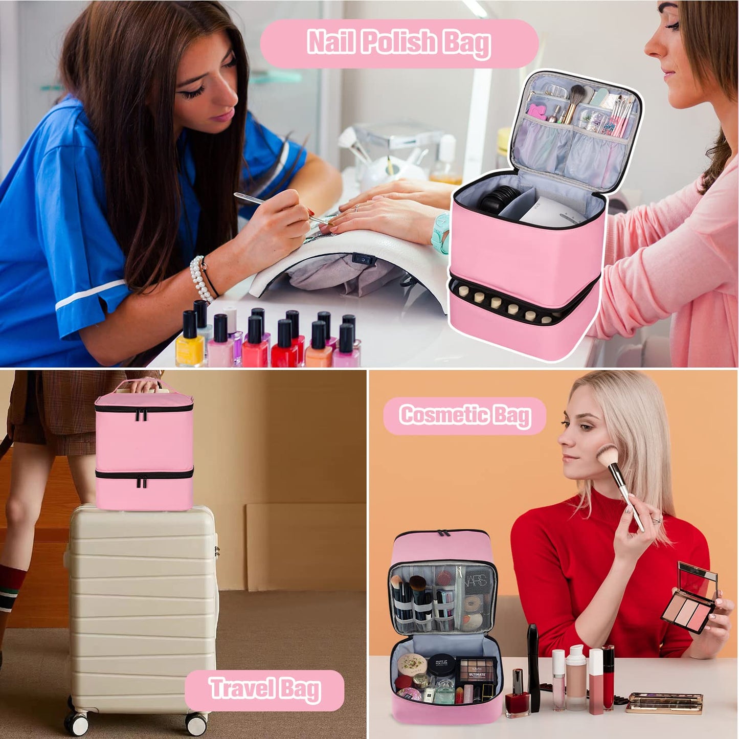 TDIFFUN Nail Polish Organizer and Nail Dryer Case, Double-Layer Storage Holds 30 Bottles (15ml/0.5 fl.oz) and 1 Led Nail Lamp, Travel Carrying Case for Nail Polish Kit Set (Pink)