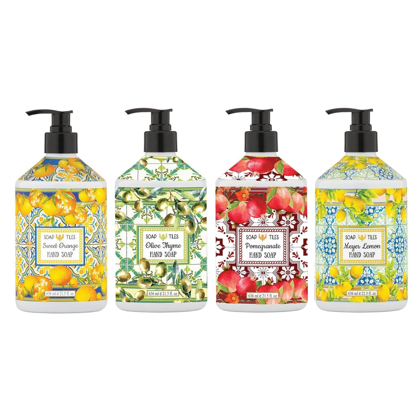 Soap Tiles Hand Soap | Home and Body Company | 21.5 fl oz Bottles | 4 Pack | Sweet Orange | Olive Thyme | Pomegranate | Meyer Lemon