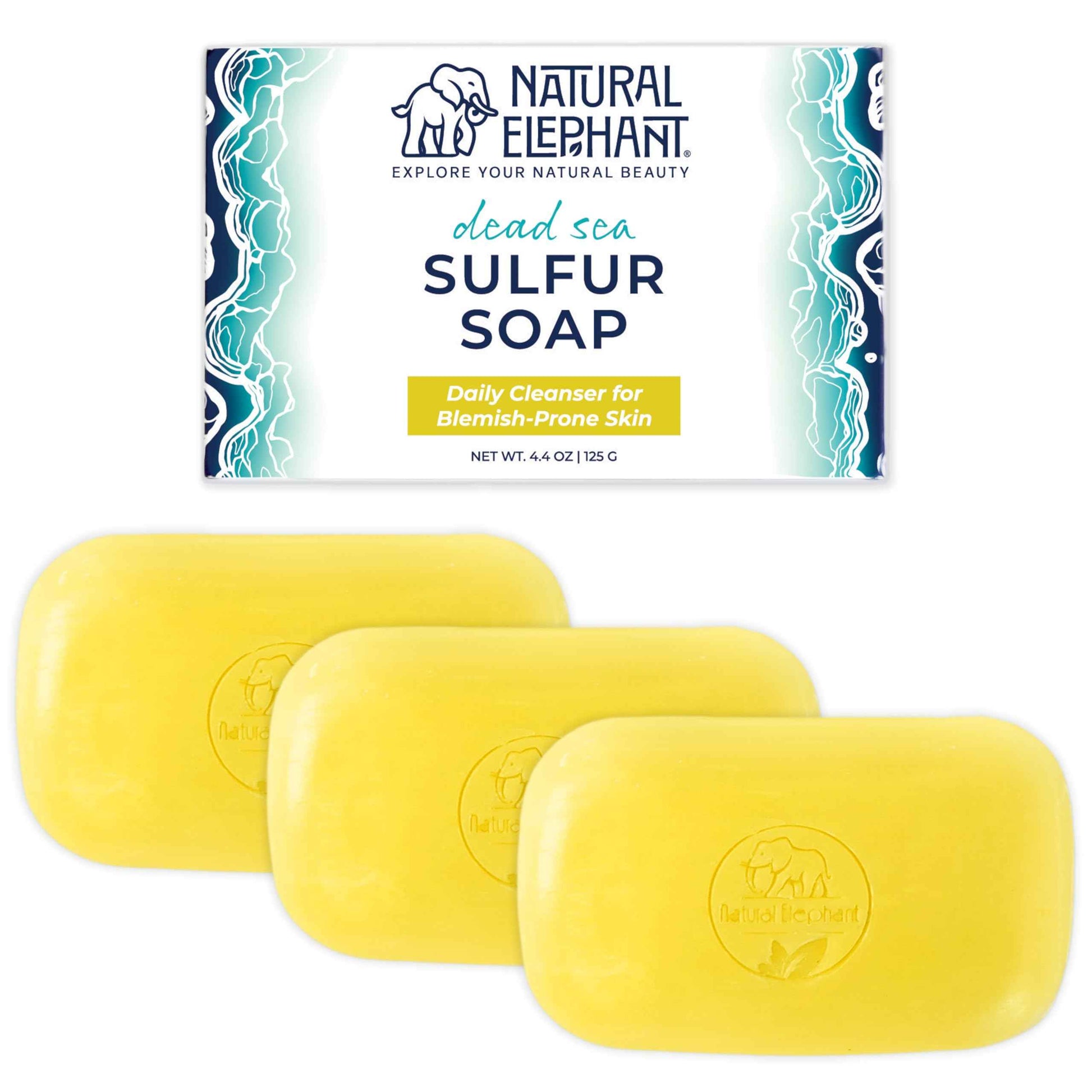 Natural Elephant Dead Sea Sulfur Soap 4.4 oz with Dead Sea Salt, Aloe Vera, Sulphur Face and Body Cleanser Bar for All Skin Types (3 Pack (13.2 oz Total))