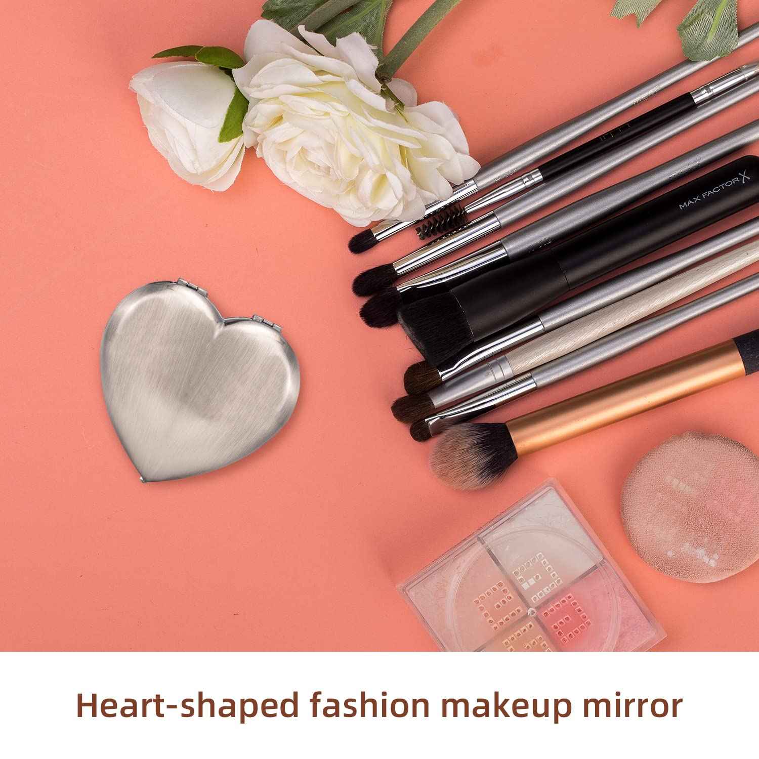 EYIDADAE Mini Vintage Heart Elegant Metall Makeup Mirror, Portable 1X/2X Magnifier (Silver)