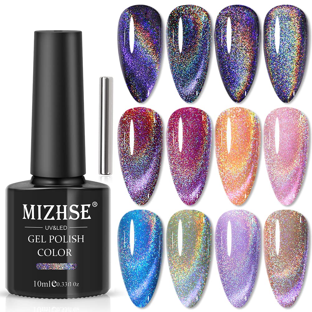 MIZHSE 10ml Universal Rainbow Cat Eye Gel Nali Polish Laser Holographic 9D Cat Eye Gel Polish Soak Off LED U V Gel Nail Art Varnish with Magnetic