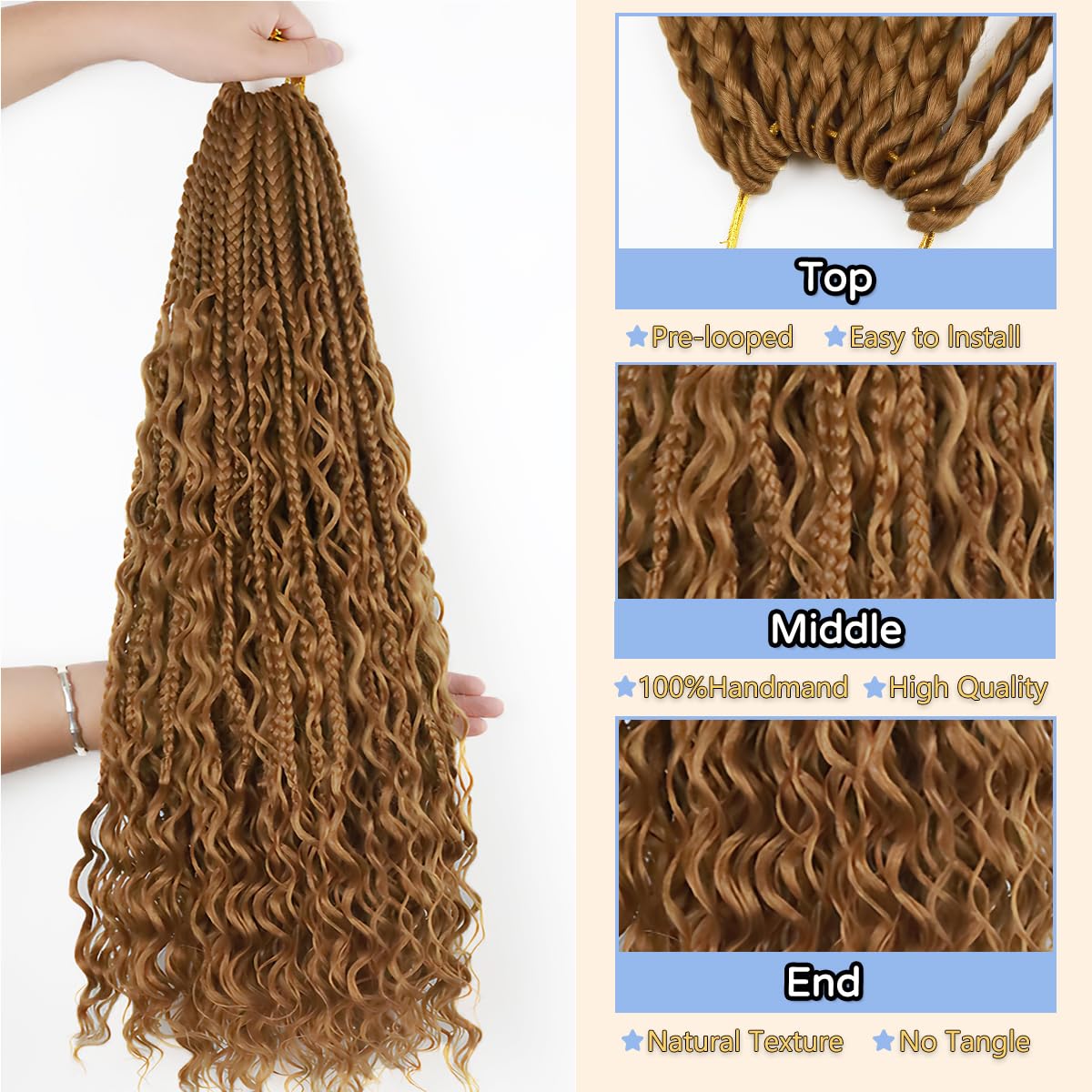 Goddess Box Braids Crochet Hair 24 Inch 8 Packs Bohemian Pre-looped Box Braids Crochet Braiding Hair Extensions Boho Crochet Box Braids with Curly Ends 27#