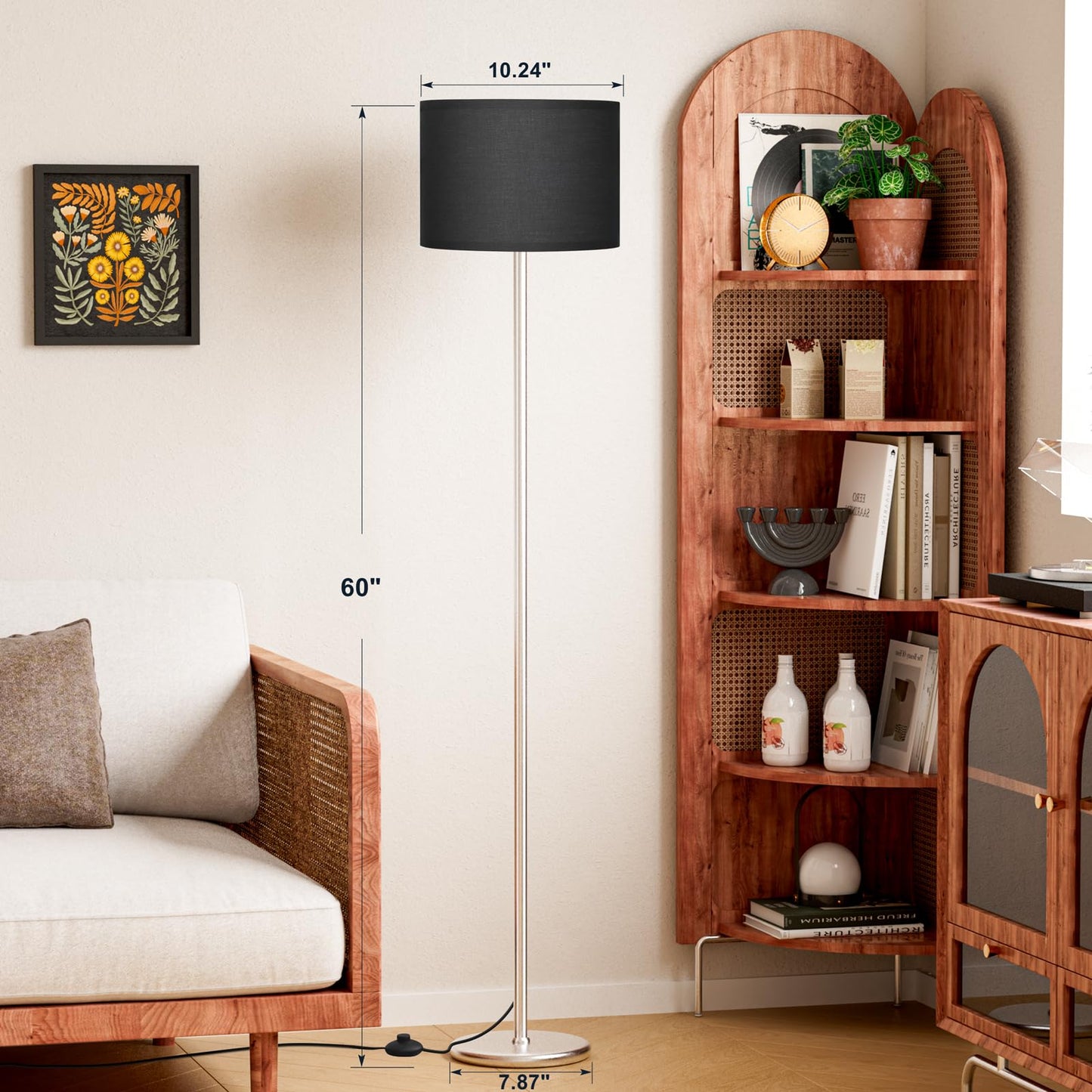 Ambimall 60'' Modern Floor Lamp with Shade, Tall Lamps for Living Room, Bedroom, Office, Dining Room, Black Shade with Silver Pole(Without Bulb)