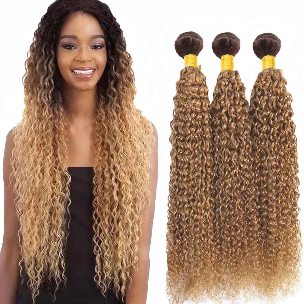 LOIUMGUU T4/27 Honey Blonde Highlight Bundles Ombre Brown Kinky Curly Human Hair 3 Bundles 10 12 14 Inch Brazilian Virgin Human Hair Dark Brown to Honey Blonde for Women Hair Extension