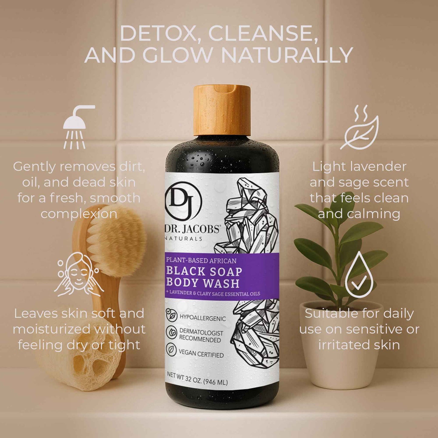 Dr Jacobs Naturals Authentic African Black Liquid Soap with Lavender & Sage Scent All-In-One Face Wash, Sensitive Skin Body Wash, Shampoo, Shaving Soap | Moisturizing and Nourishing Formula 32oz 2pk