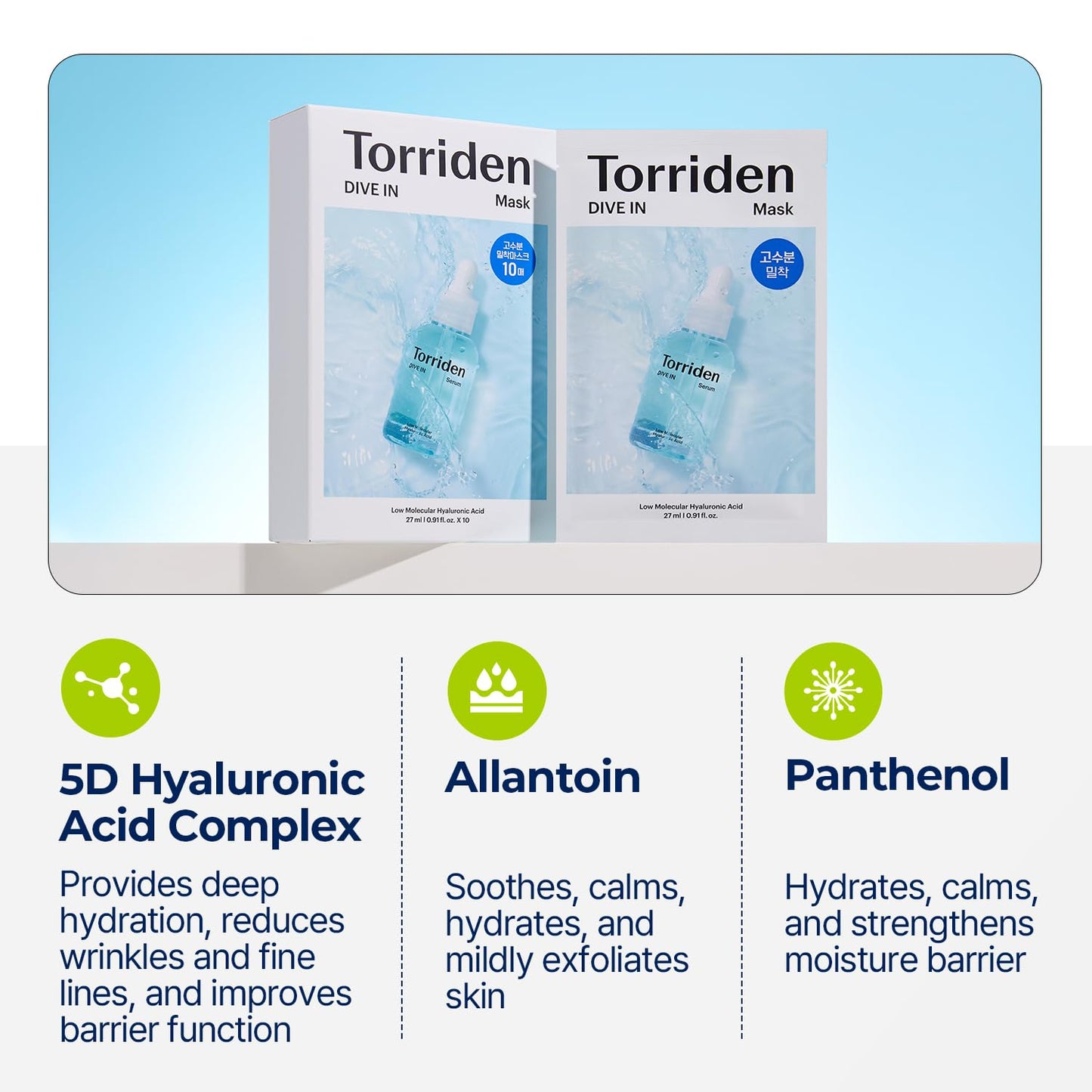 Torriden DIVE IN Hyaluronic Acid Facial Mask (10 sheets) | Extra Moisturizing Care | Hyaluronic Acid, Panthenol, Allantoin | Korean Face Mask