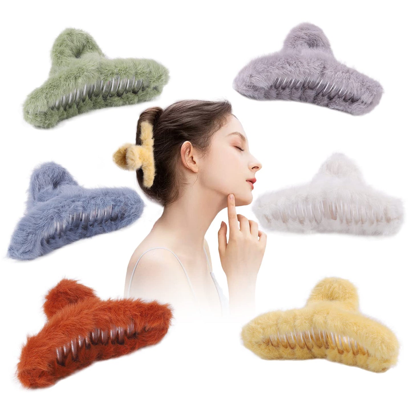 6Pcs Fur and Fluffy Aesthetic Claw Hair Clips for Women, Kawaii Thick Hair Clamps With Strong Non-Slip Hold