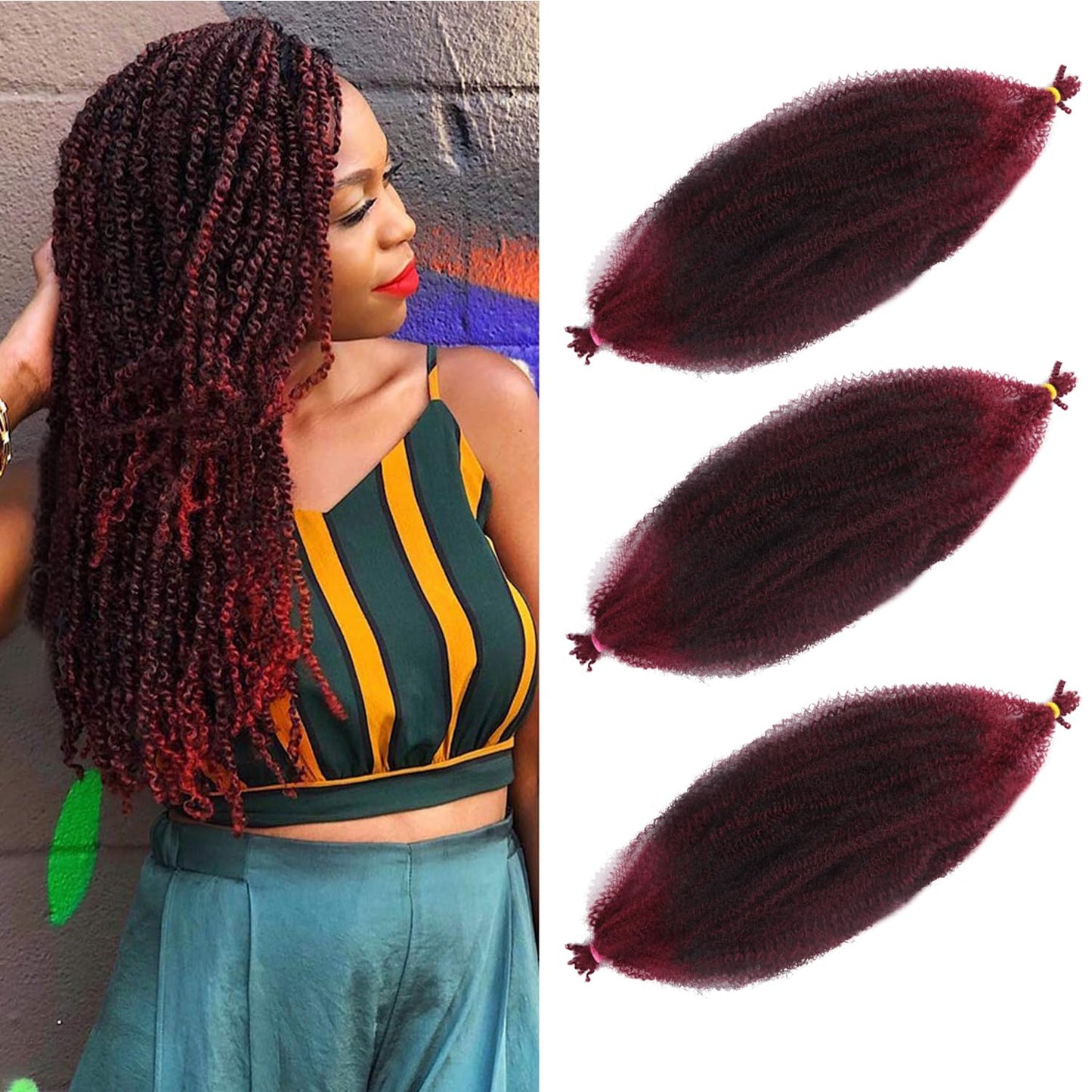 Springy Afro Twist Hair 24 Inch Pre stretched Kinky Spring Twist Hair For Distressed Soft Locs Natural Black Crochet Braids Twist Hair Synthetic Hair Extension For Women (24 Inch (Pack of 3), #TB/BUG)