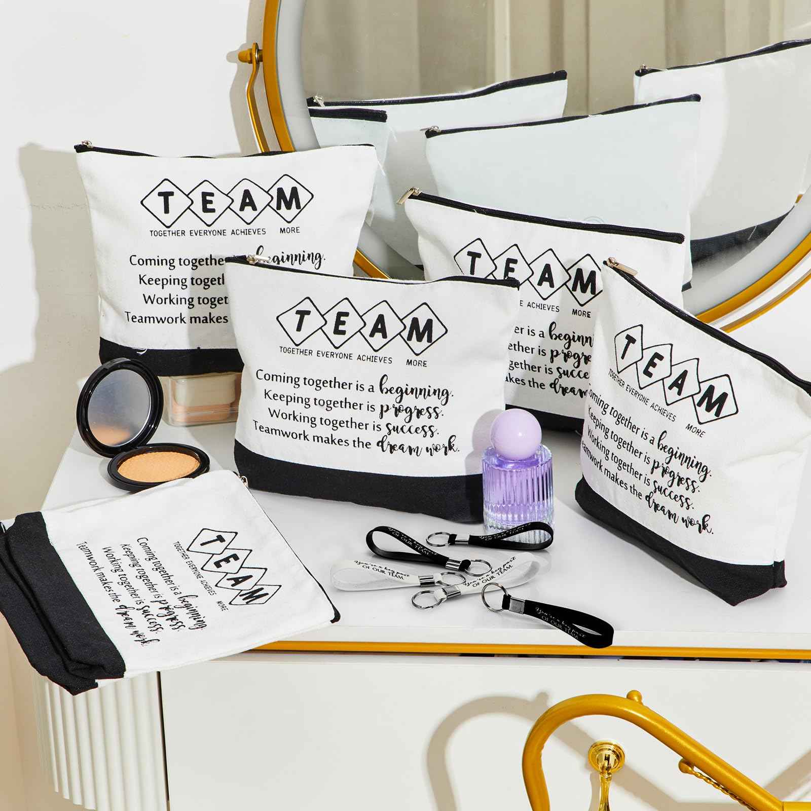 Sanwuta 48 Pcs Canvas Cosmetic Bag Bulk Appreciation Gift for Christmas Inspirational Canvas Makeup Bags Keychains Set for Teacher Employees Coworker Women (Team)