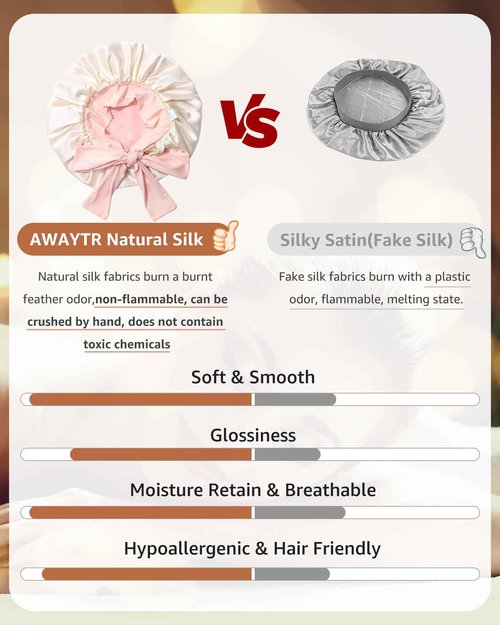 AWAYTR Silk Bonnet for Sleeping Women 100% Mulberry Silk Bonnet with Band 2 Layer Reversible Hair Bonnet Sleeping Hair Wrap (Pink/Beige)