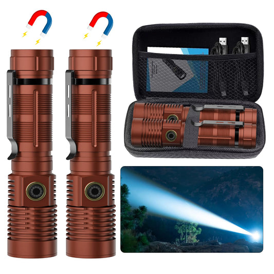 Small Tactical Flashlights 20000 High Lumens - 1500 Meters Long Beam Super Bright LED Magnetic Flashlight USB Rechargeable Zoomable 5Modes Long Beam Spotlight Flashlight for Hiking, Camping-Brown