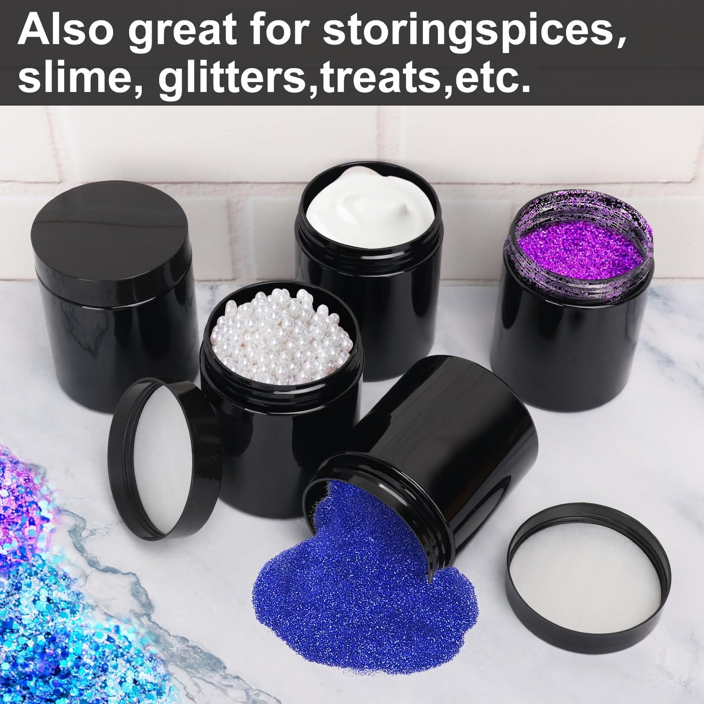 48 Packs 8 oz (250 ml) Black Plastic Jars with Lids, Cosmetic jars with Wide-Mouth for slime, beads, rhinestones, sequins Cosmetics, Lotion, Cream, Ointments and More by KUKLIPJIM.