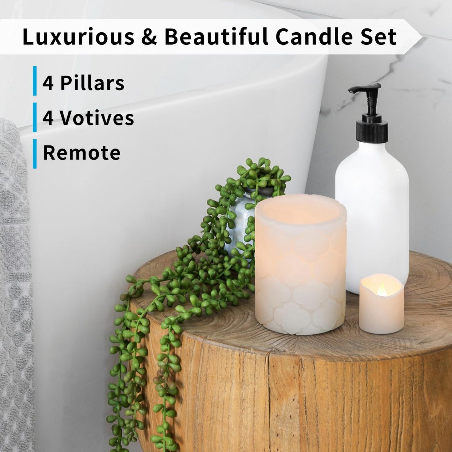 FURORA LIGHTING LED Flameless Candles with Remote Control, Set of 8, Real Wax Battery Operated Pillars and Votives LED Candles with Flickering Flame and Timer Featured - White Nordic Collection