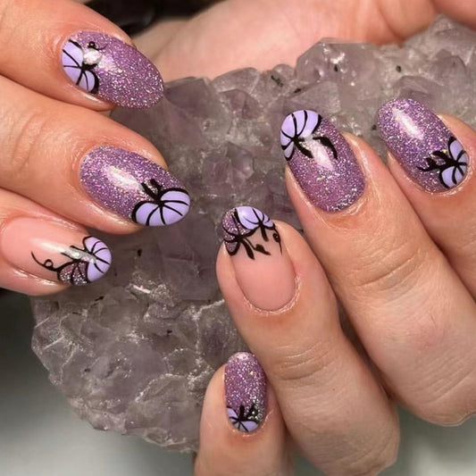 Halloween Press on Nails Short Oval Purple Glitter Fake Nails with Pumpkin Designs French Glue on Nails Glitter False Nails Press ons Glossy Acrylic Stick on Nails for Women Girls 24 Pcs