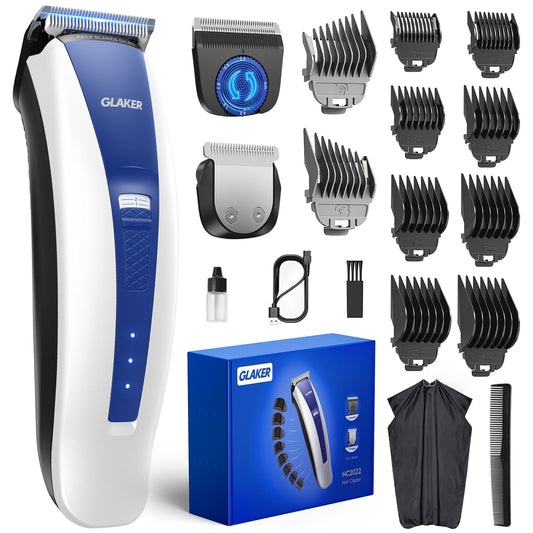 GLAKER Hair Clippers for Men - Cordless 2 in 1 Versatile Hair Trimmer with 10 Guards, 2 Detachable Blades & Turbo Motor, Professional Beard Grooming Kit for Barbers, Ideal Gift for Men (White)