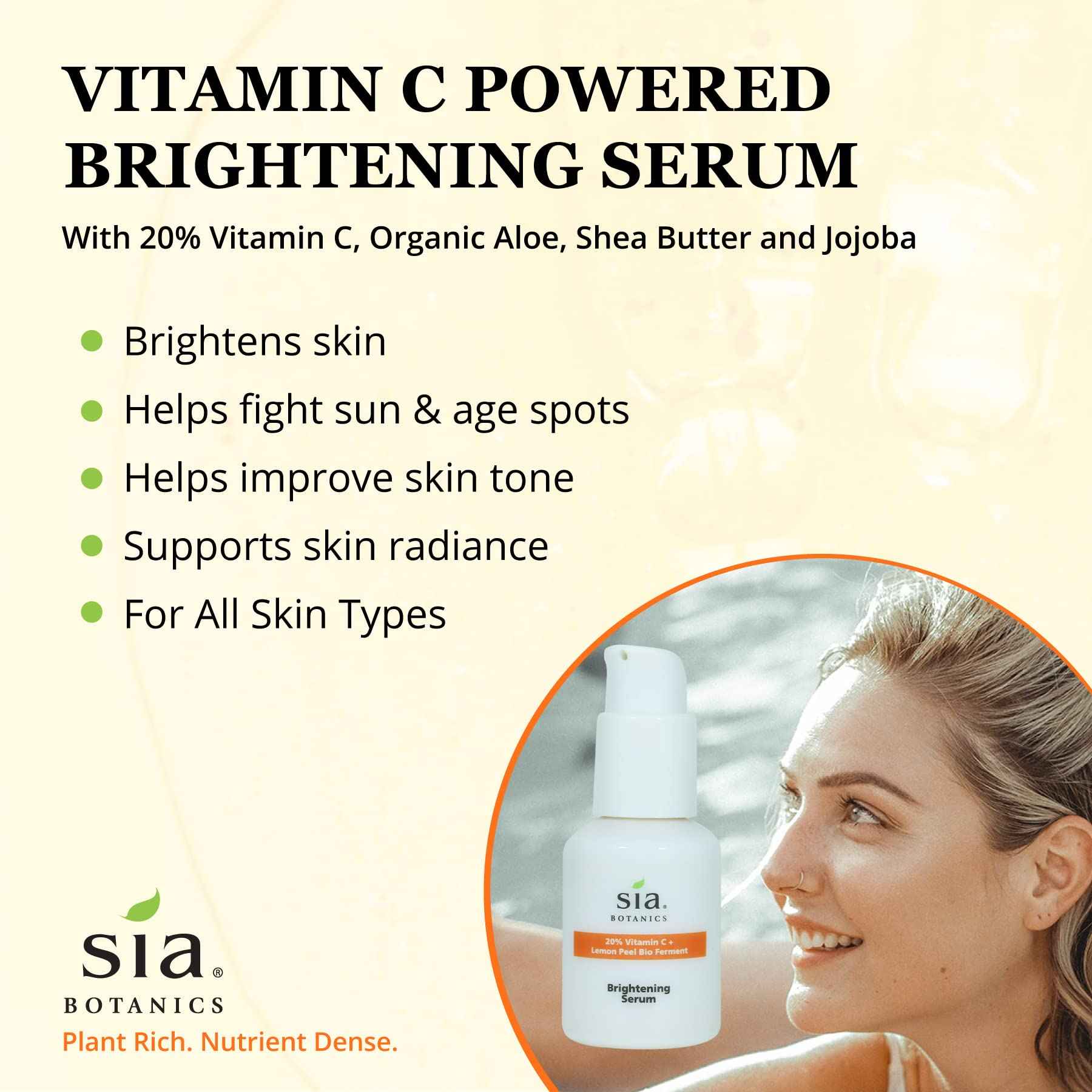 Sia Botanics Brightening Face Serum (30ml/1oz Porceline Bottle) | Facial Treatment w/Vitamin C, Lemon Peel Bio Ferment, Aloe Vera | Natural, Clean, Botanical Skincare for Women
