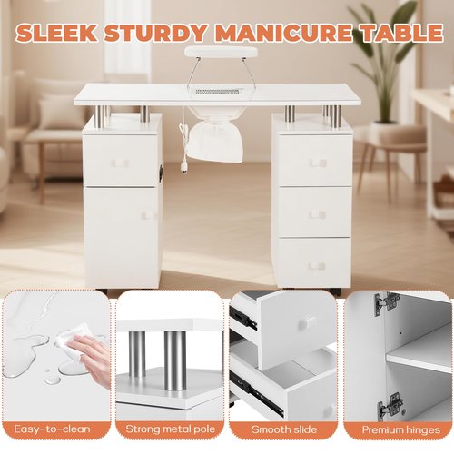 Manicure Table Nail Tech Desk with Electric Dust Collector, Nail Table Station w/Charging Socket, 4 Drawers, Lockable Wheels & 2 Wrist Rests – Professional Nail Station for Salon & Home, Snowy White