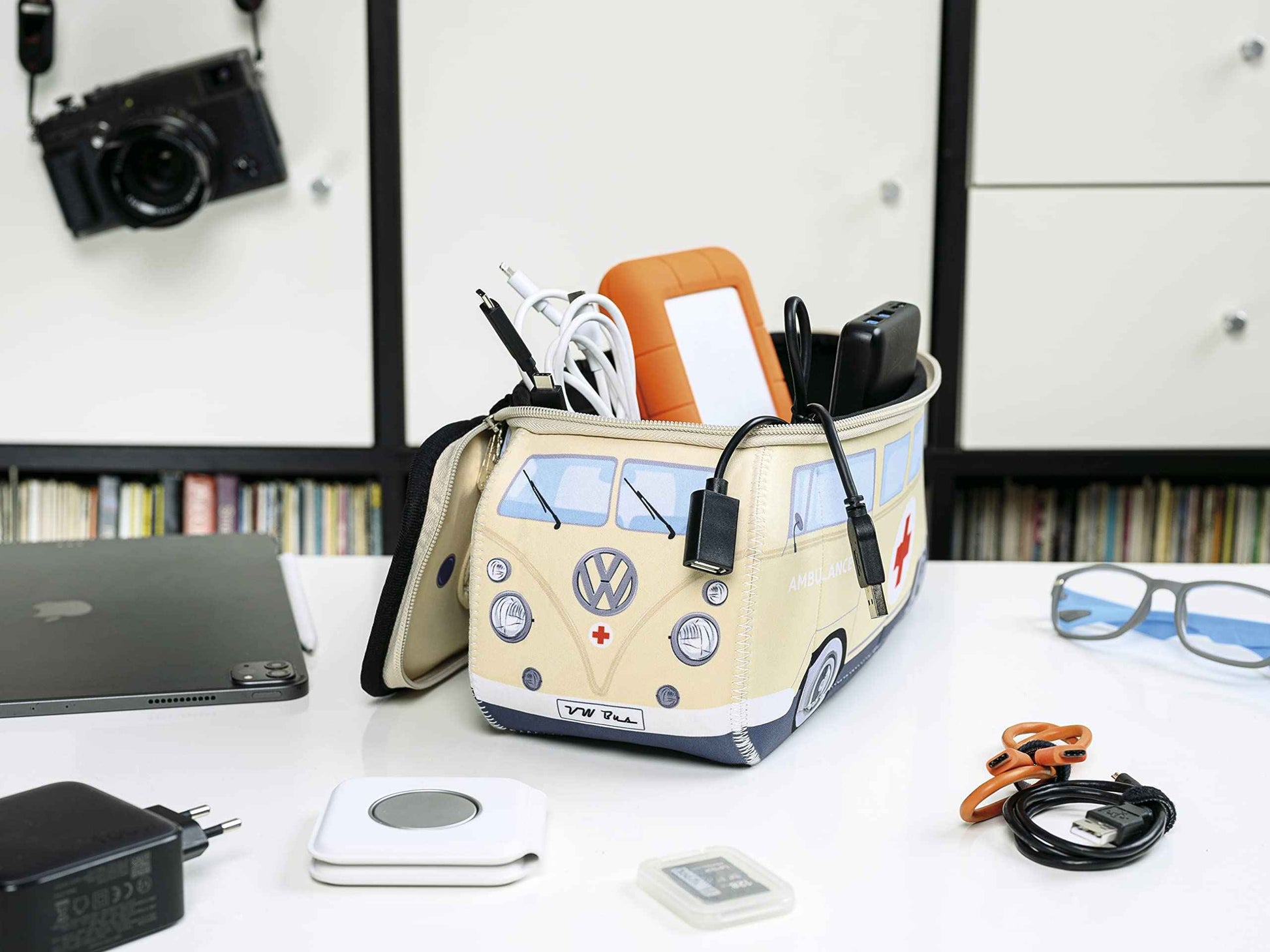 BRISA VW Collection - Volkswagen Neoprene Universal Makeup Cosmetics Toiletry Travel Pharmacy Bag in T1 Bus Design (Ambulance/Beige) (Large (11.8 x 5.5 x 4.7 inches))