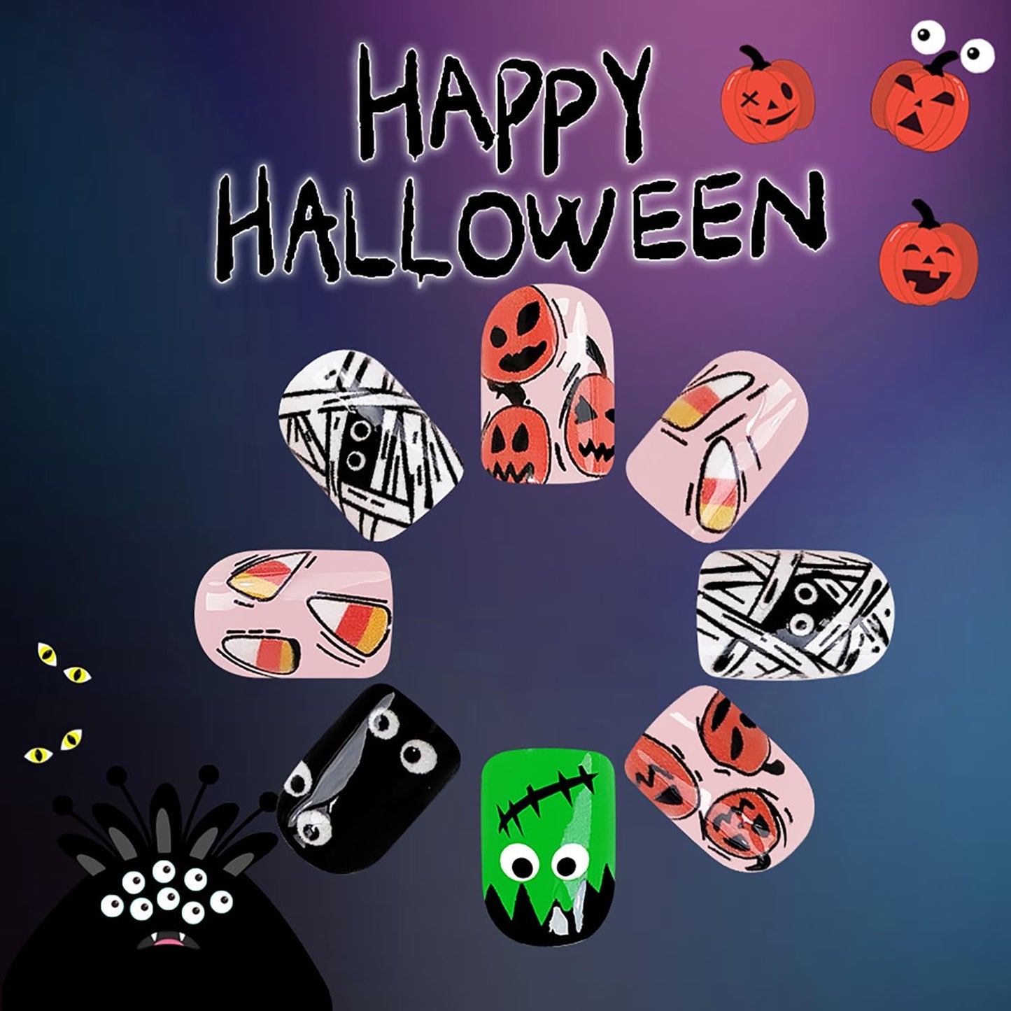 Halloween Press on Nails Short Square Petite Fake Nails Full Cover Little Monster False Nails with Pumpkin Mummy Designs Cute Acrylic Nails Glossy Glue on Nails Artificial Nails for Women Girls 24Pcs