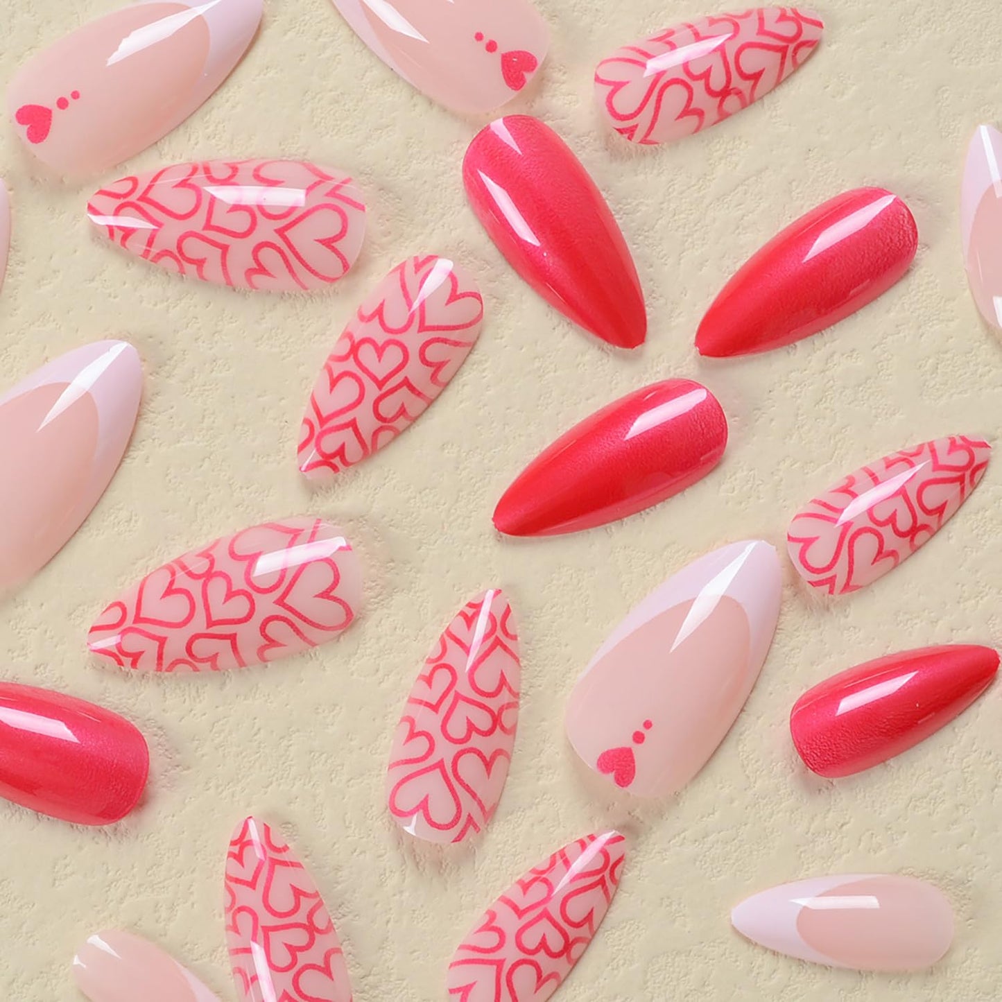 White French Tip Press on Nails Medium Almond Red Hollow Love Heart False Nails with Design Valentine's Day Nails Artificial Acrylic Nails Full Cover Reusable Coffin Fake Nails Glue on Nails for Women