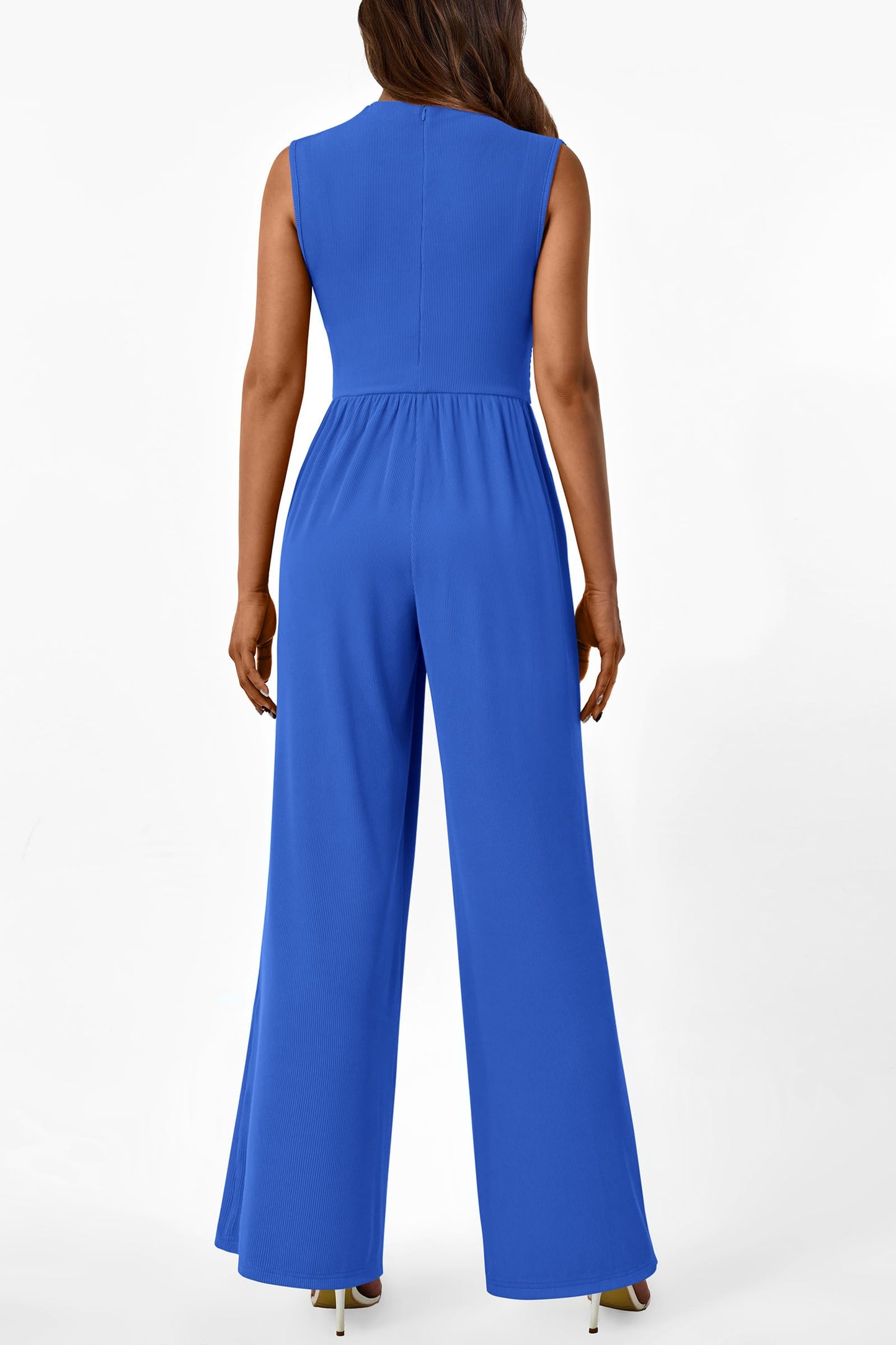 PRETTYGARDEN Womens Summer Jumpsuits Dressy Casual One Piece Outfits Sleeveless Mock Neck Wide Leg Pants Rompers with Pockets (Style2-Blue,Small)