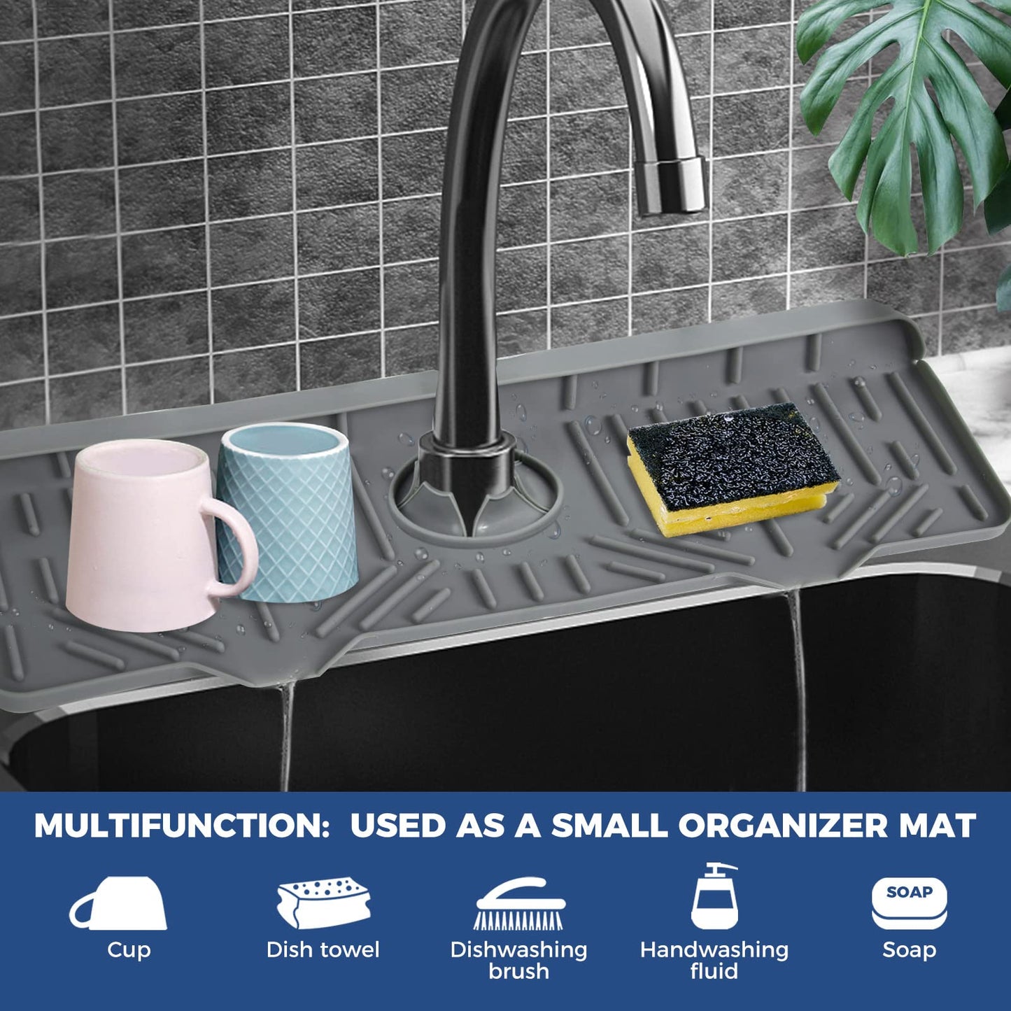 BFONS XL Silicone Faucet Handle Drip Catcher Tray, Gray, 18.1in x 5.7in x 0.79in