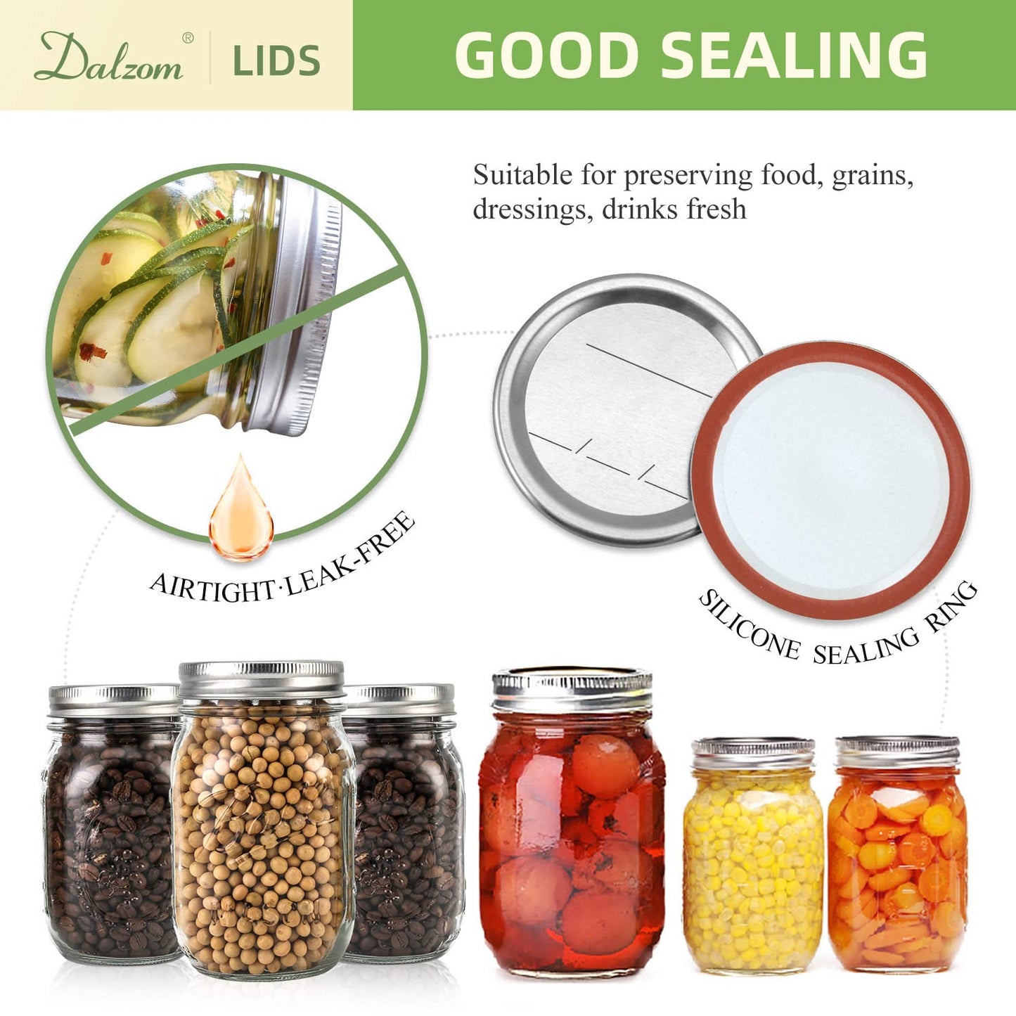 Dalzom® 144Pcs Canning Lids with Rings Regular Mouth, Premium Mason Jar Lids with Rings for Regular Mouth Ball, Kerr Jars - Food Grade Material, 100% Fit & Airtight for Regular Mouth Mason Jars