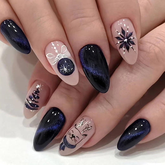 Christmas Black Nails Press on Nails Medium Stiletto Fake Nails with Designs Snowflake Cute Christmas Reindeer Trees Full Cover Acrylic Almond False Nails Winter Glue on Nail for Women and Girls 24Pcs