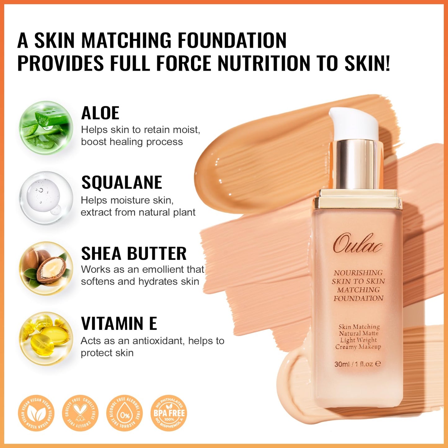 Oulac Foundation Make Up, Skincare Infused With Aloe Leaf And Vitamin E, Medium to High Coverage Liquid Foundation, Foundation Vegan 30ml, Shade：Rosy Ivory