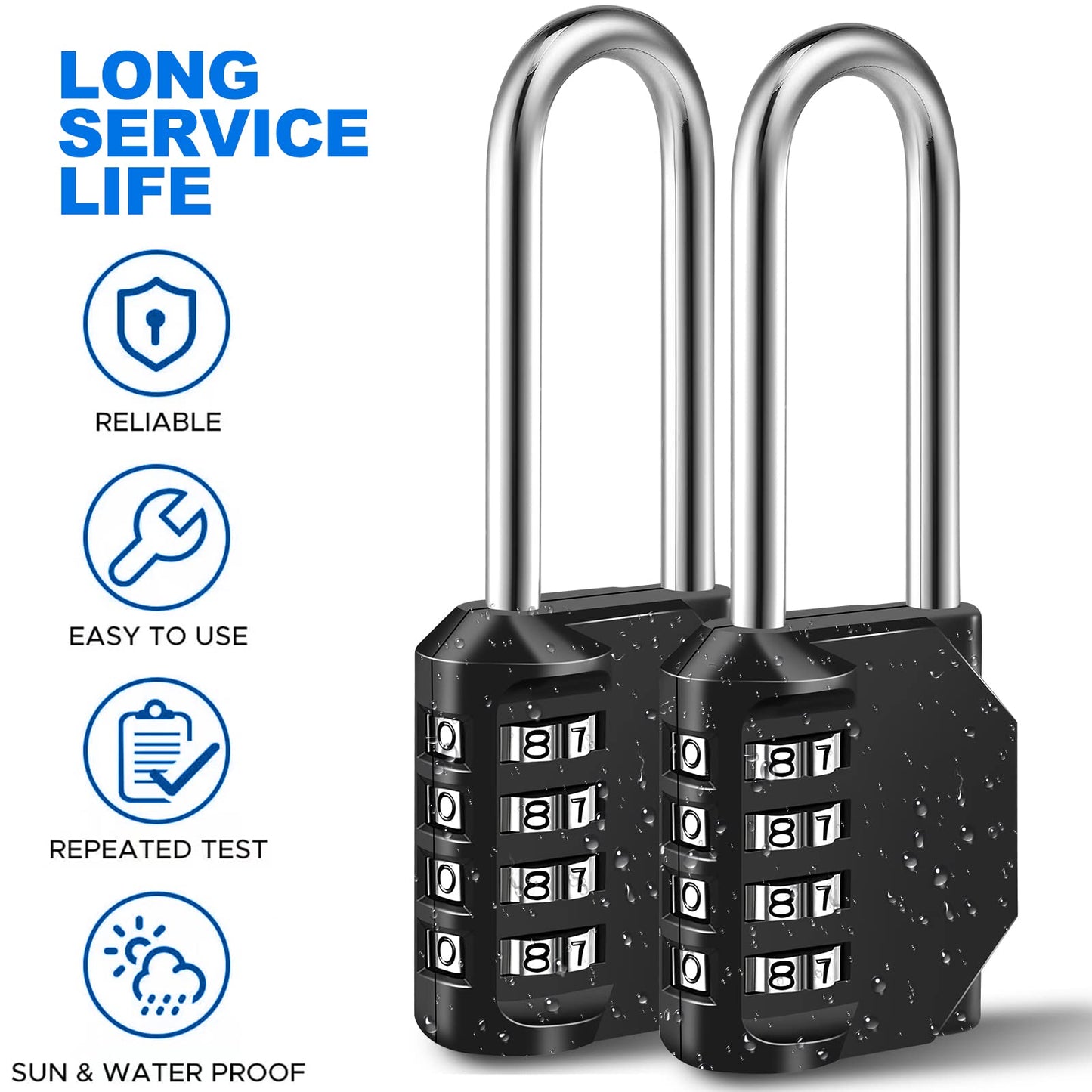 Combination Lock, 4 Digit Combination Padlock for School Gym Sports Locker, Fence, Toolbox, Case, Hasp Cabinet Storage (Long Shackle, 2 Pack, Black)