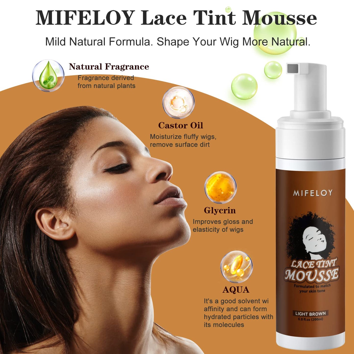 Mifeloy Hair Styling Product for Women, Lace Tint Melting and Mousse Foam 6.8 fl oz, Mocha Medium Brown, Natural Finishing Edge Control for Lace Front Wigs, Toupees, Hair Pieces