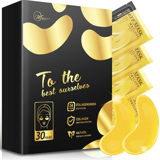 W WATLUSY FOR EYE 24K Gold Eye Mask, 30 Pairs, Natural Anti-aging Eye Pads for Puffy Eyes, Dark Circles, and Eye Bags with Amino Acid & Collagen, with Revitalize and Hydrate Your Skin