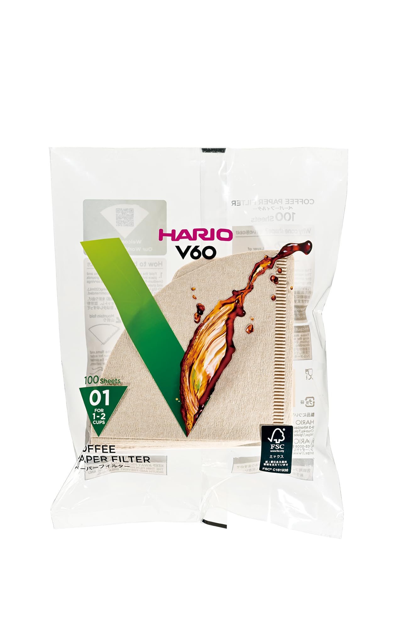 Hario V60 Paper Coffee Filter, Size 01, Natural, 100ct