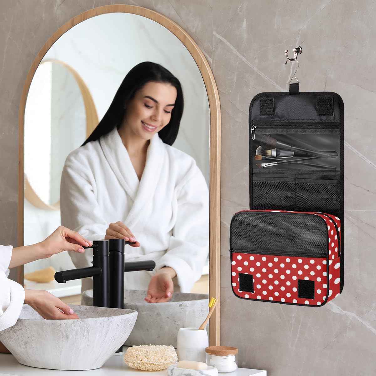 Bardic Hanging Travel Toiletry Bag for Women, Polka Dot Print Travel Makeup Bag Red White Polka Dot Portable Cosmetic Bag Travel Organizer for Toiletries Accessories