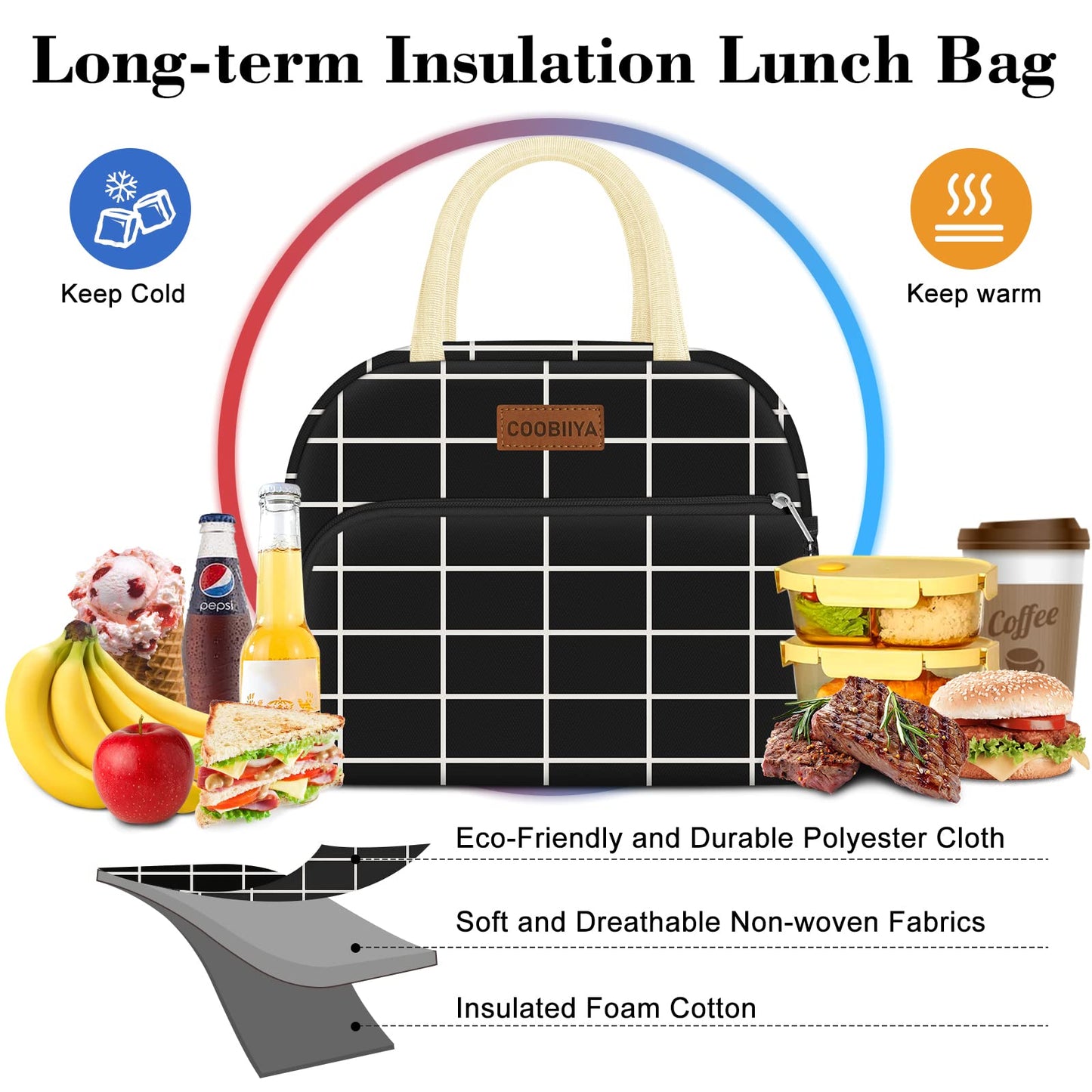 Coobiiya Lunch Bag Women, Lunch Box Lunch Bag for Women Adult Men, Small Leakproof Cute Lunch Tote Large Capacity Reusable Insulated Cooler Lunch Container for Work/Office/Picnic/Travel-Black Plaid