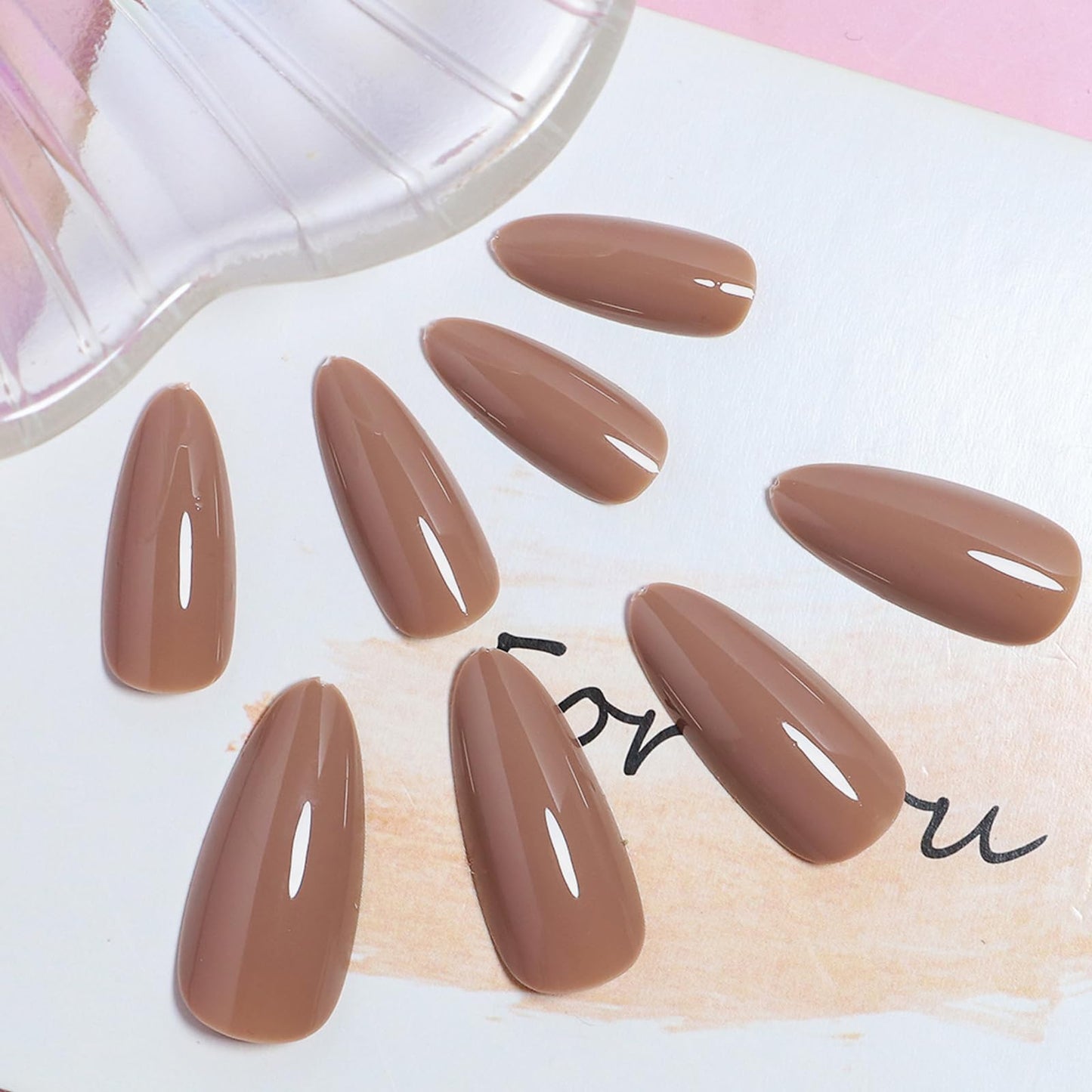 YOSOMK Coffee Brown Press on Nails Almond Medium Fake Nail Solid Color Full Cover Artificial False nails Glossy Manicure Glue on Acrylic Nails for Women