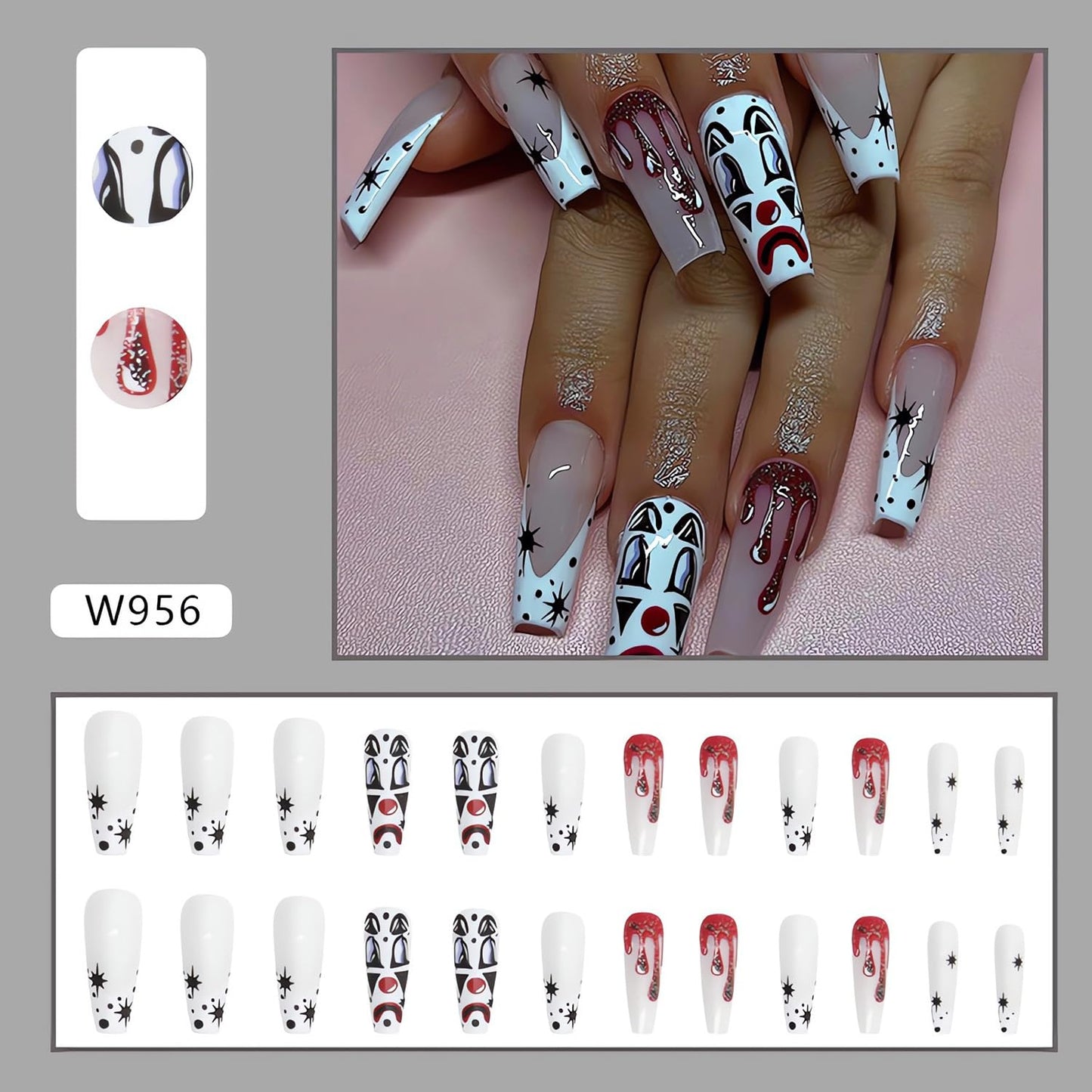 Halloween Press on Nails Long Coffin Fake Nails with Blood Clown Designs Glossy Glue on Nails Full Cover Long Acrylic Nails Halloween Nails for Women and Girls for Nail Art Decorations Cosplay 24 Pcs